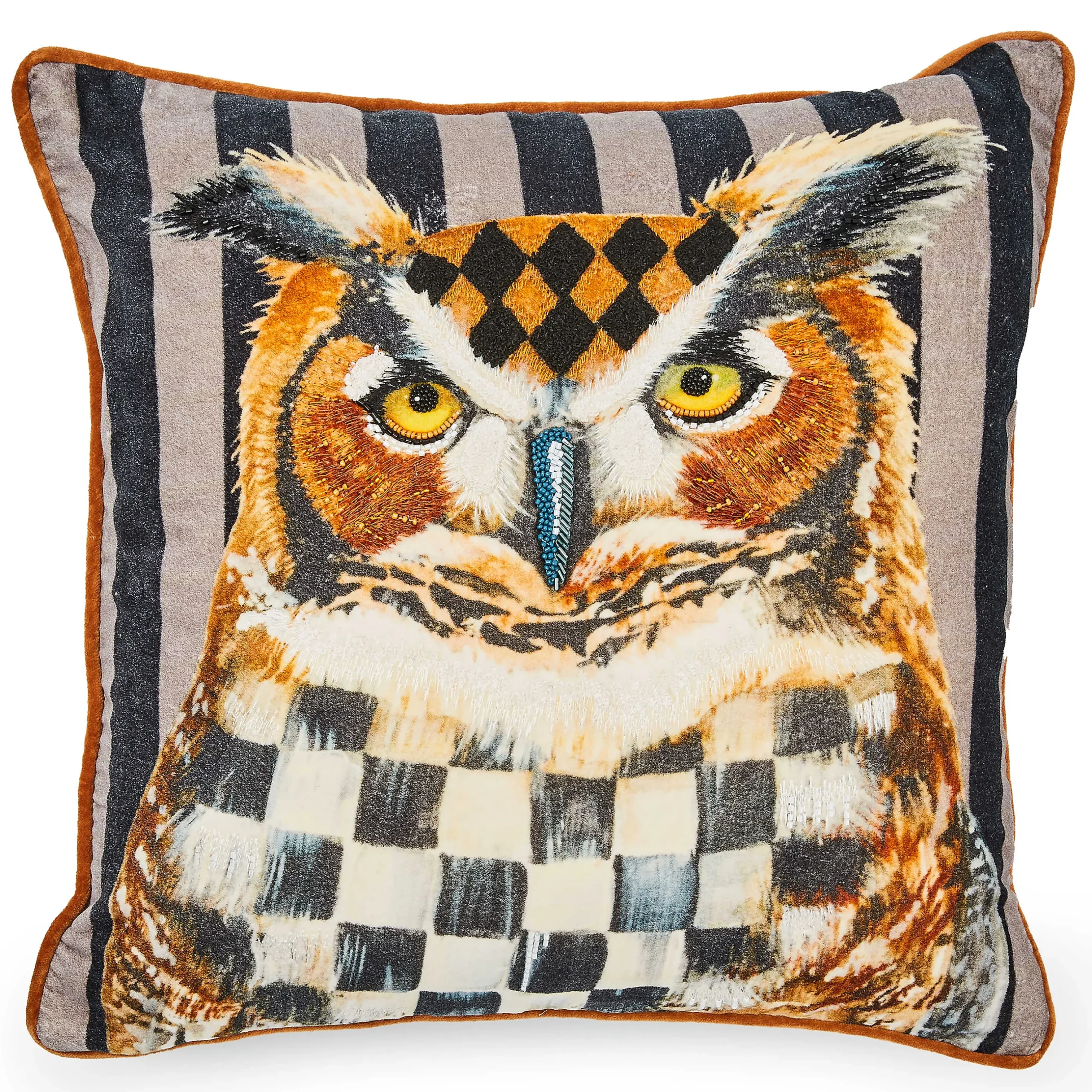 Pillows, Throws, & Cushions|MacKenzie-Childs Autumnology Check Owl Throw Pillow