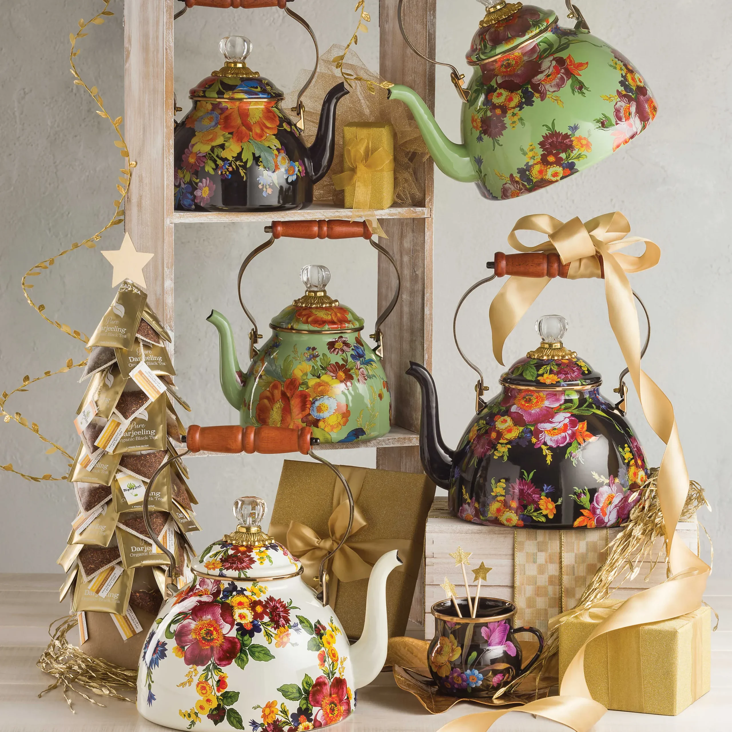 The Coffee Shop|Tea Kettles|MacKenzie-Childs Black Flower Market 2 Quart Tea Kettle