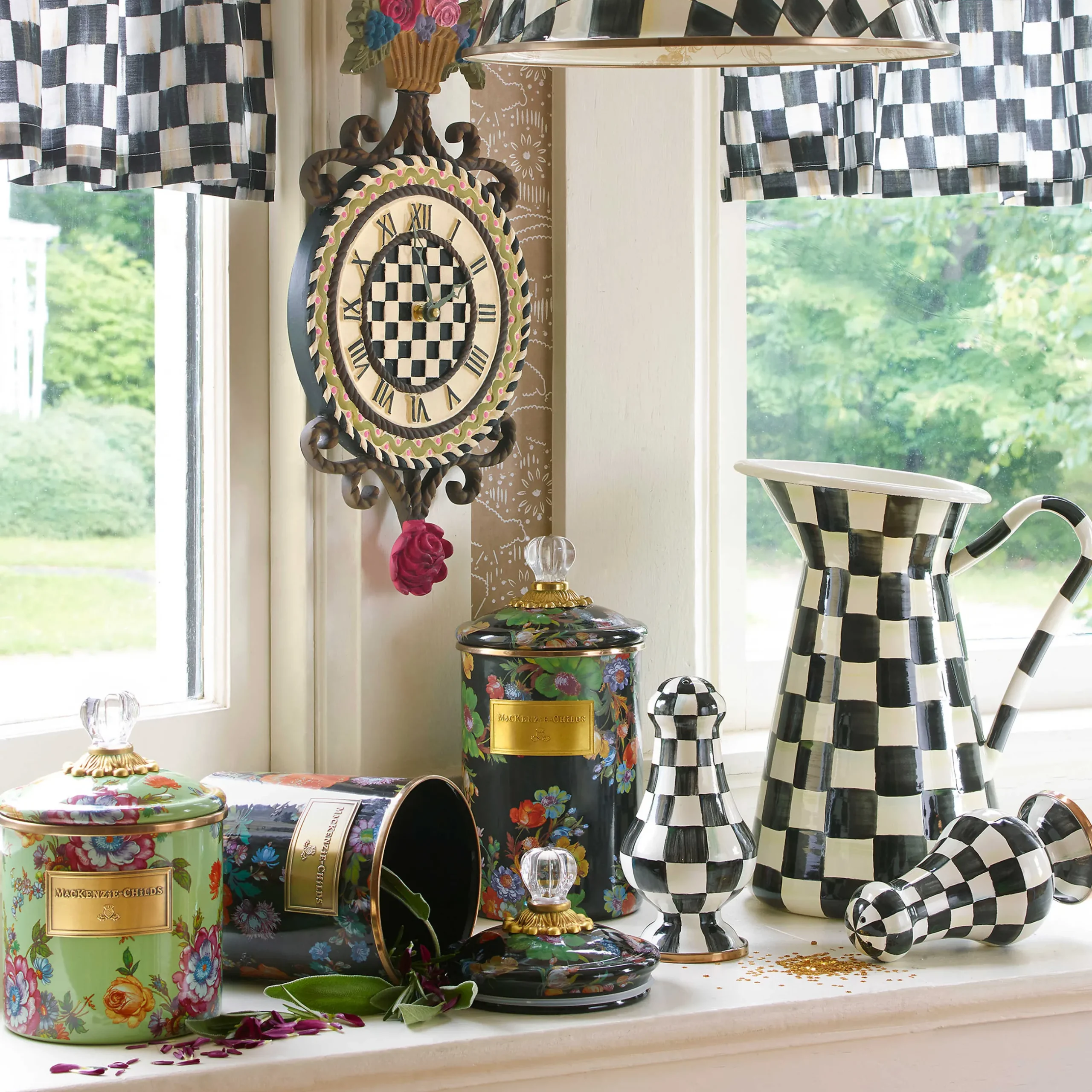 Room Accents|Kitchen Storage & Organization|MacKenzie-Childs Black Flower Market Large Canister