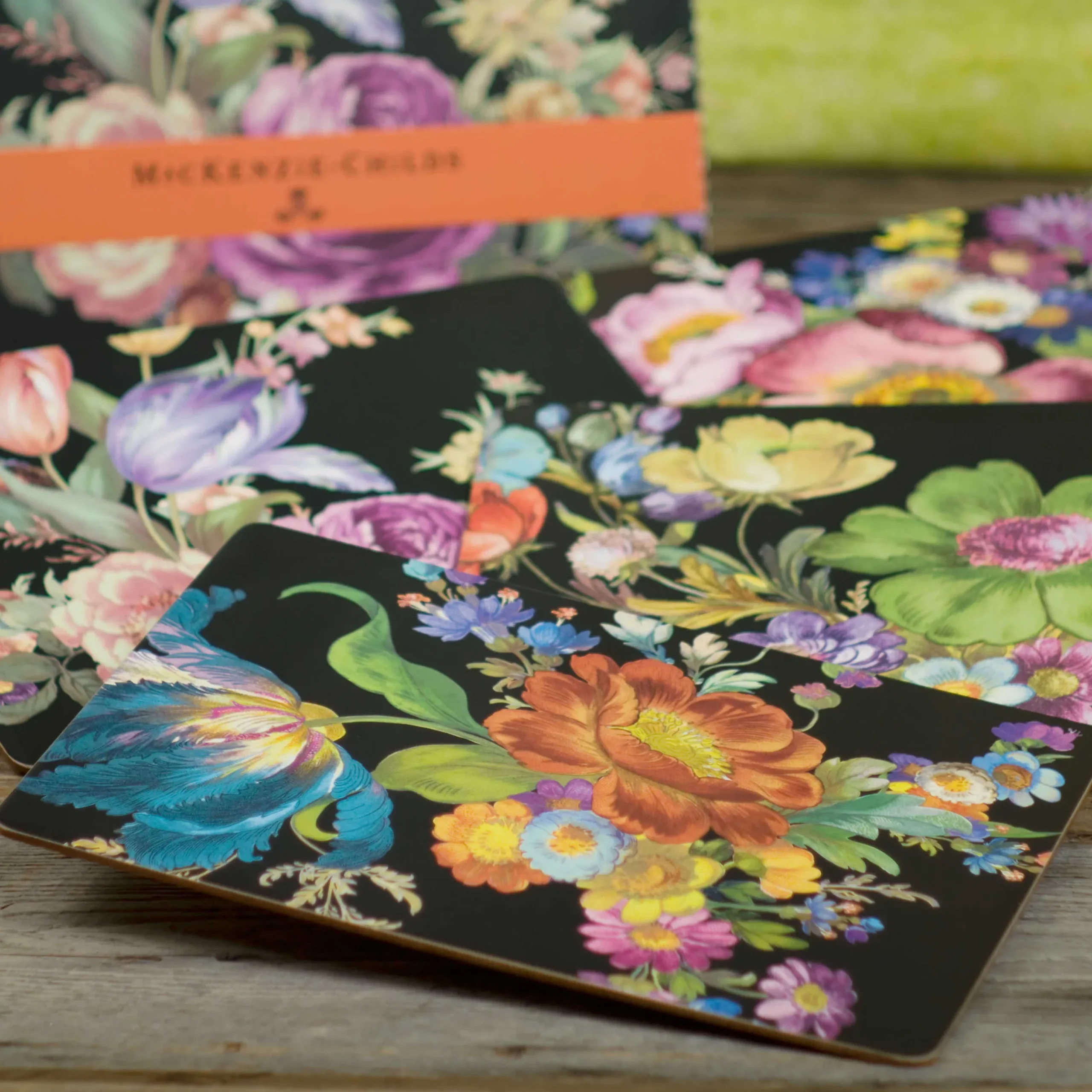 Table Accessories|Kitchen & Table Linens|MacKenzie-Childs Black Flower Market Placemats, Set of 4