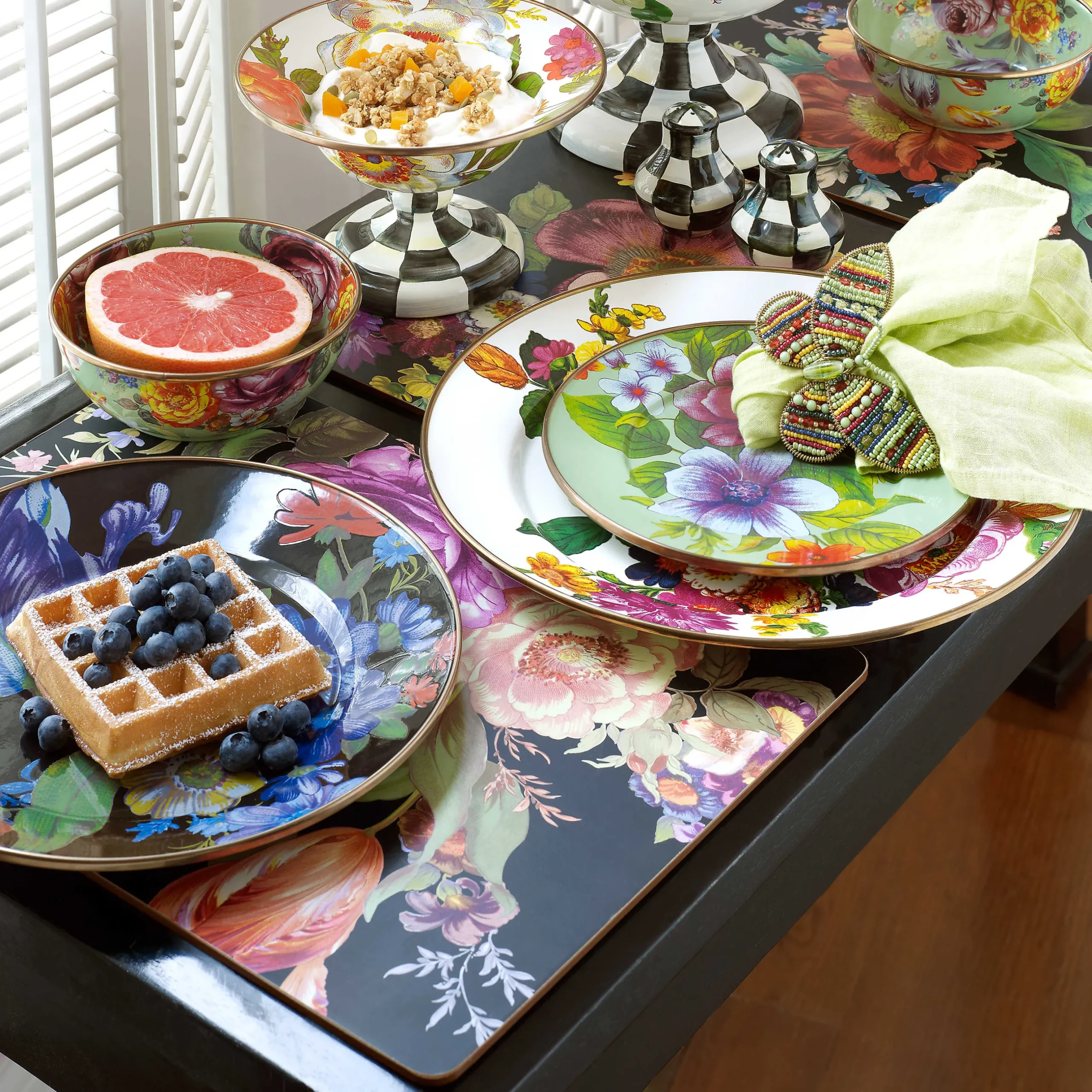 Table Accessories|Kitchen & Table Linens|MacKenzie-Childs Black Flower Market Placemats, Set of 4