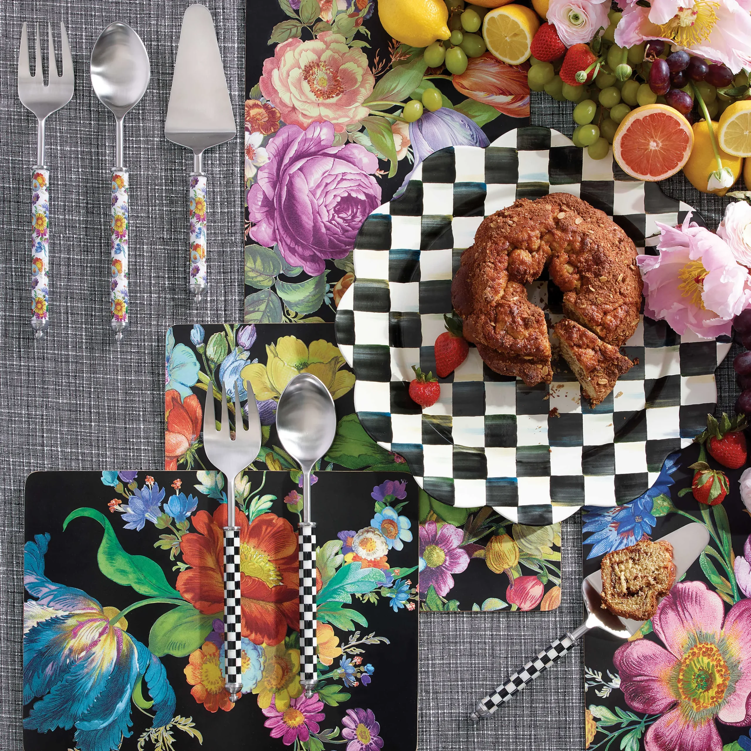 Table Accessories|Kitchen & Table Linens|MacKenzie-Childs Black Flower Market Placemats, Set of 4