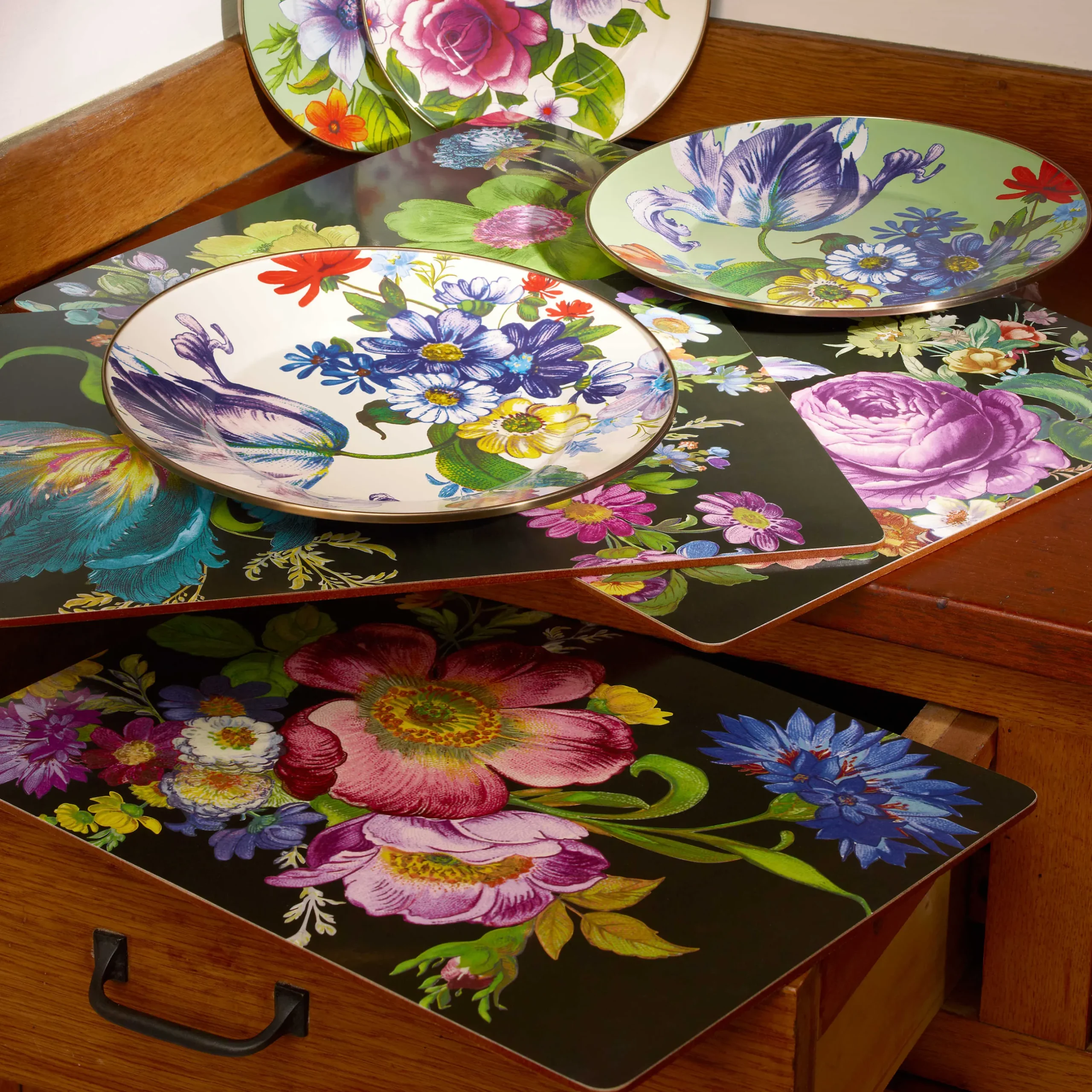 Table Accessories|Kitchen & Table Linens|MacKenzie-Childs Black Flower Market Placemats, Set of 4