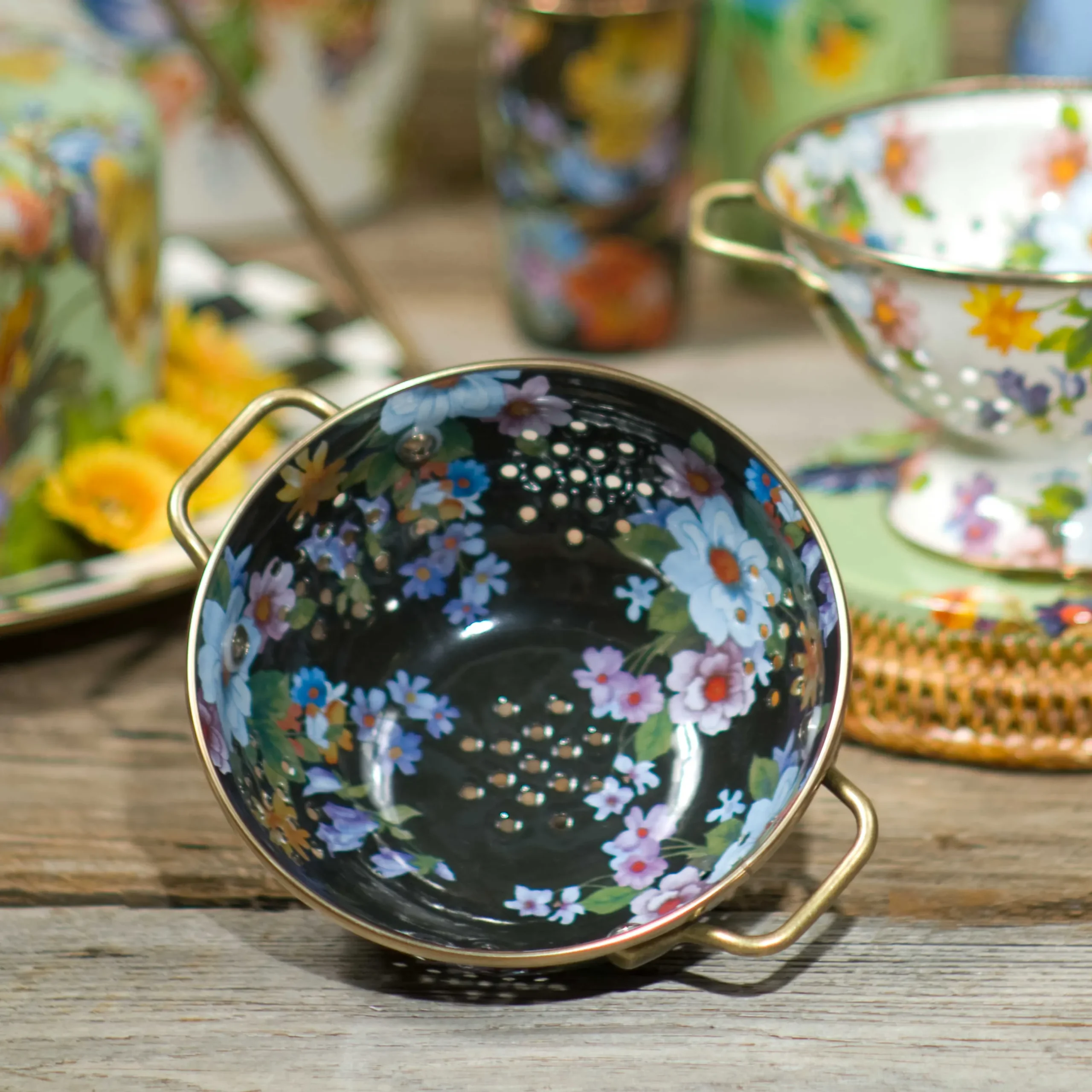 Kitchen Utensils & Tools|MacKenzie-Childs Black Flower Market Small Colander