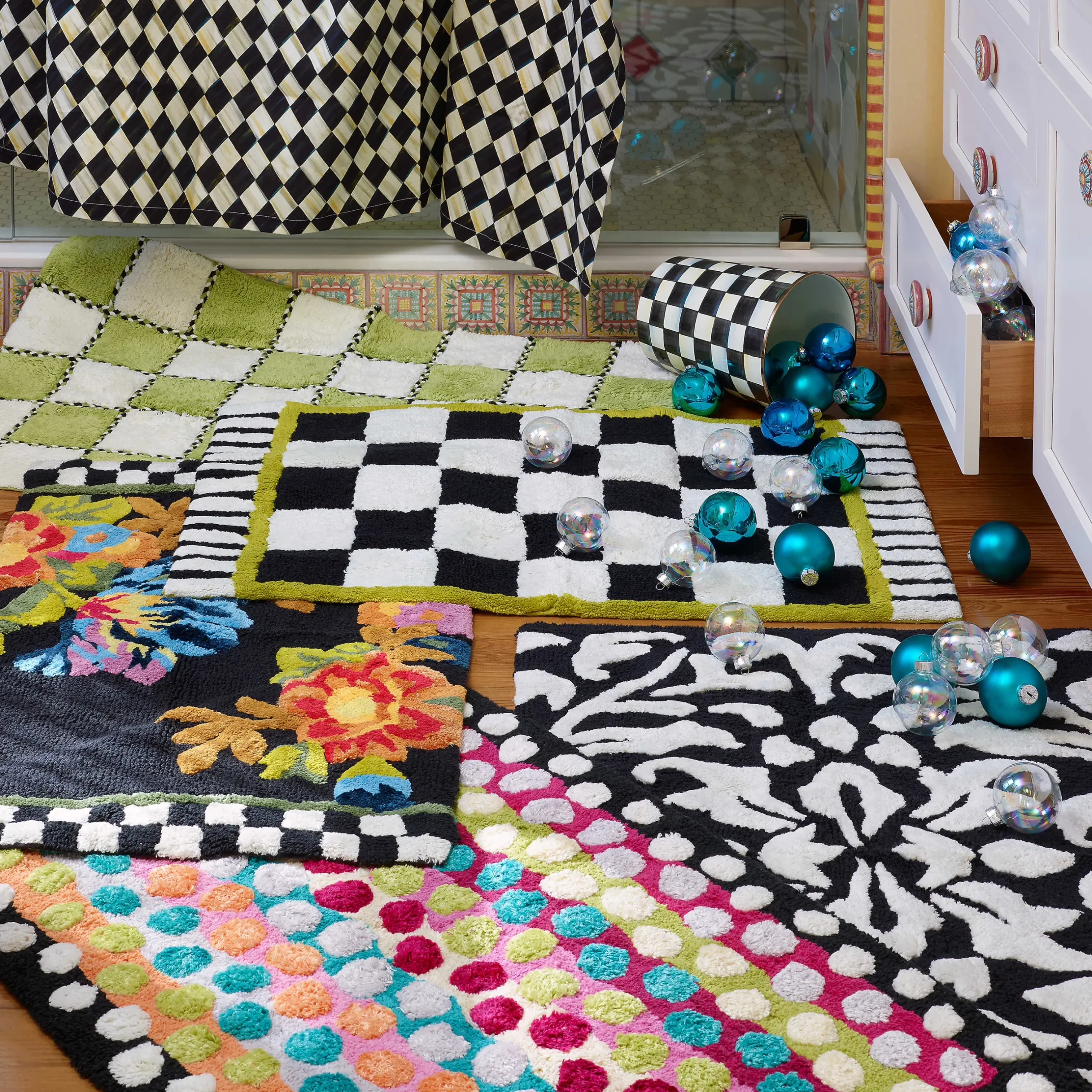 Bath & Bath Accessories|MacKenzie-Childs Black Flower Market Standard Bath Rug