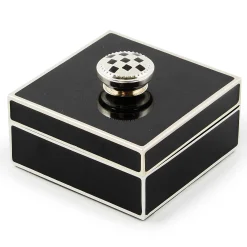 Room Accents|MacKenzie-Childs Black Silver Plated Trinket Box with Check Knob