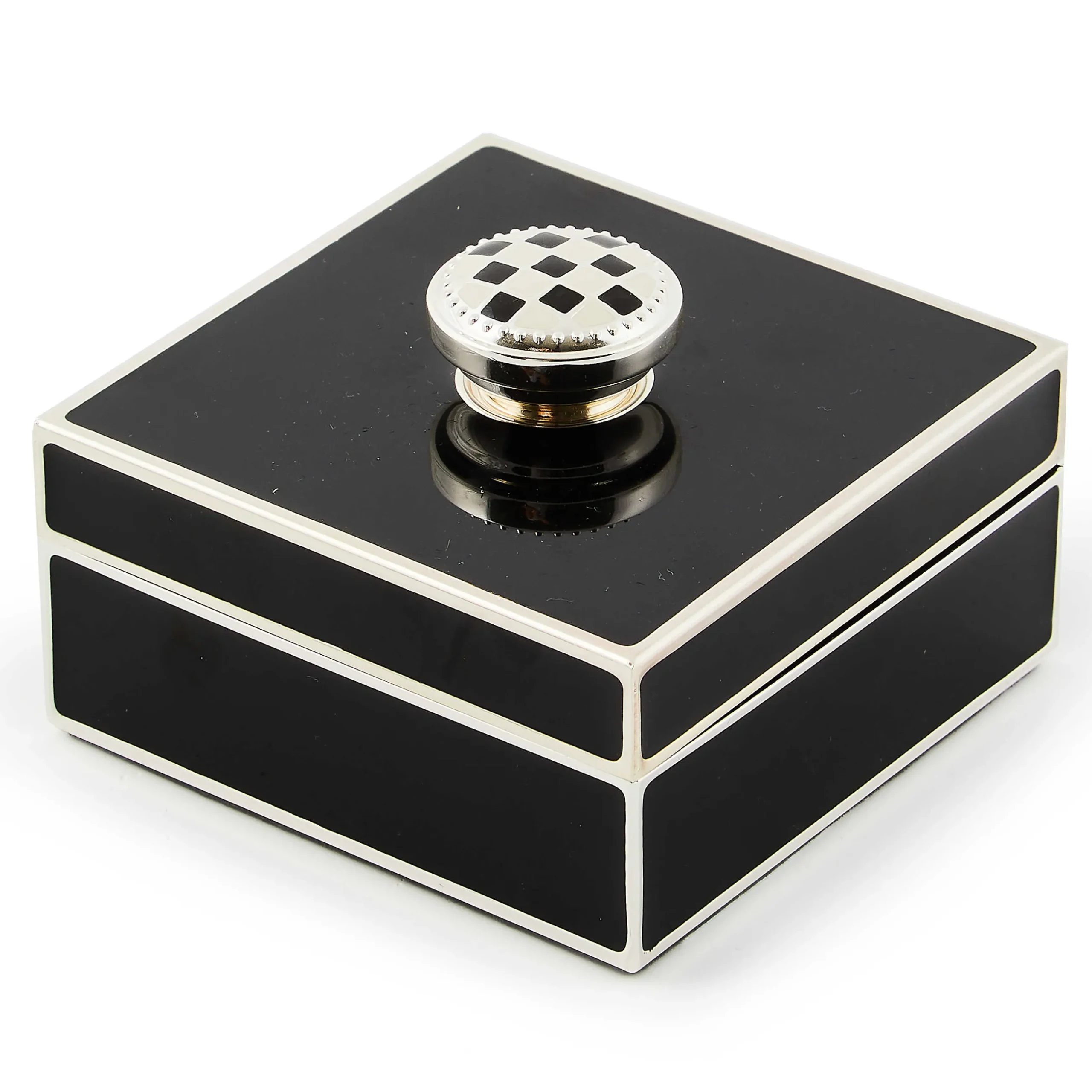 Room Accents|MacKenzie-Childs Black Silver Plated Trinket Box with Check Knob