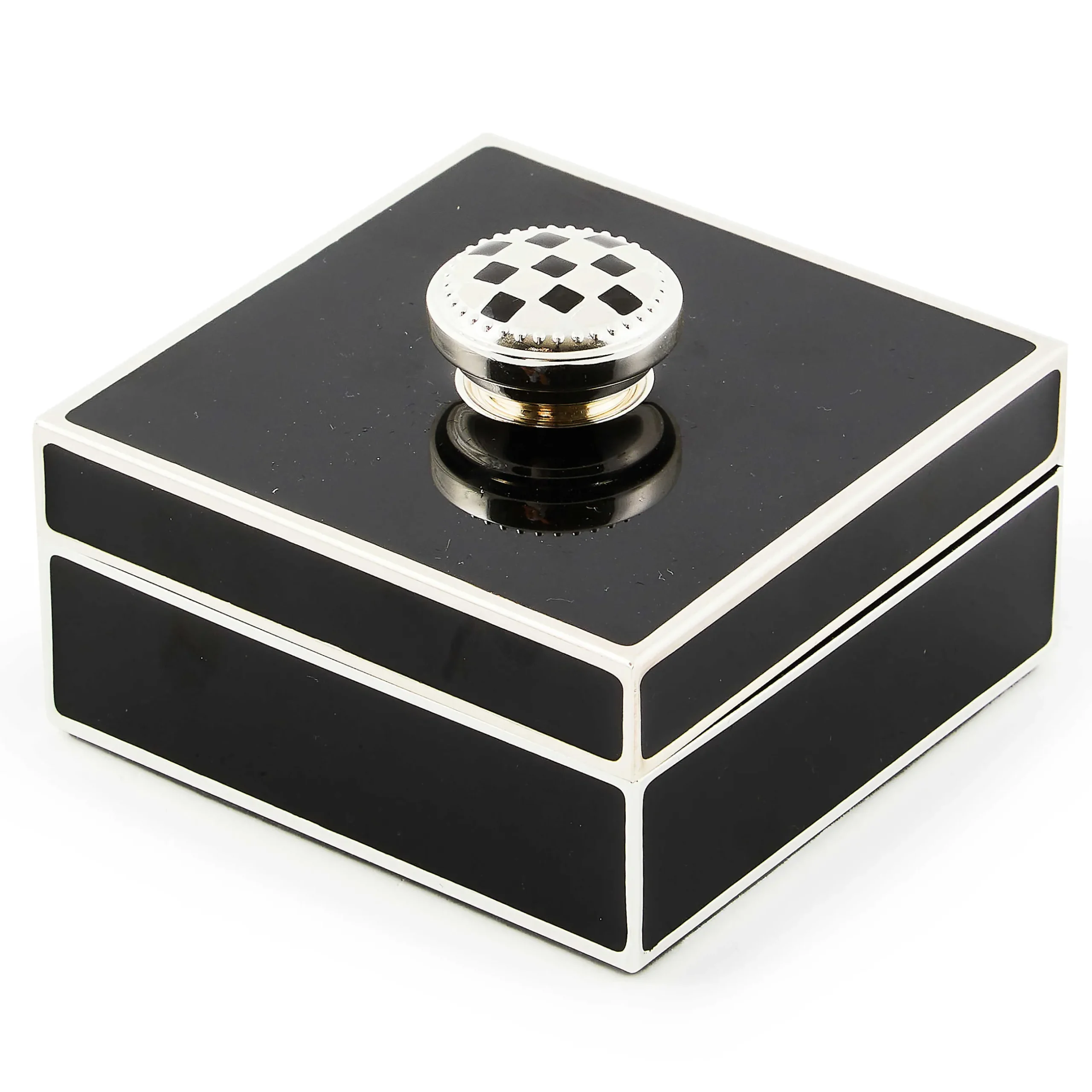 Room Accents|MacKenzie-Childs Black Silver Plated Trinket Box with Check Knob