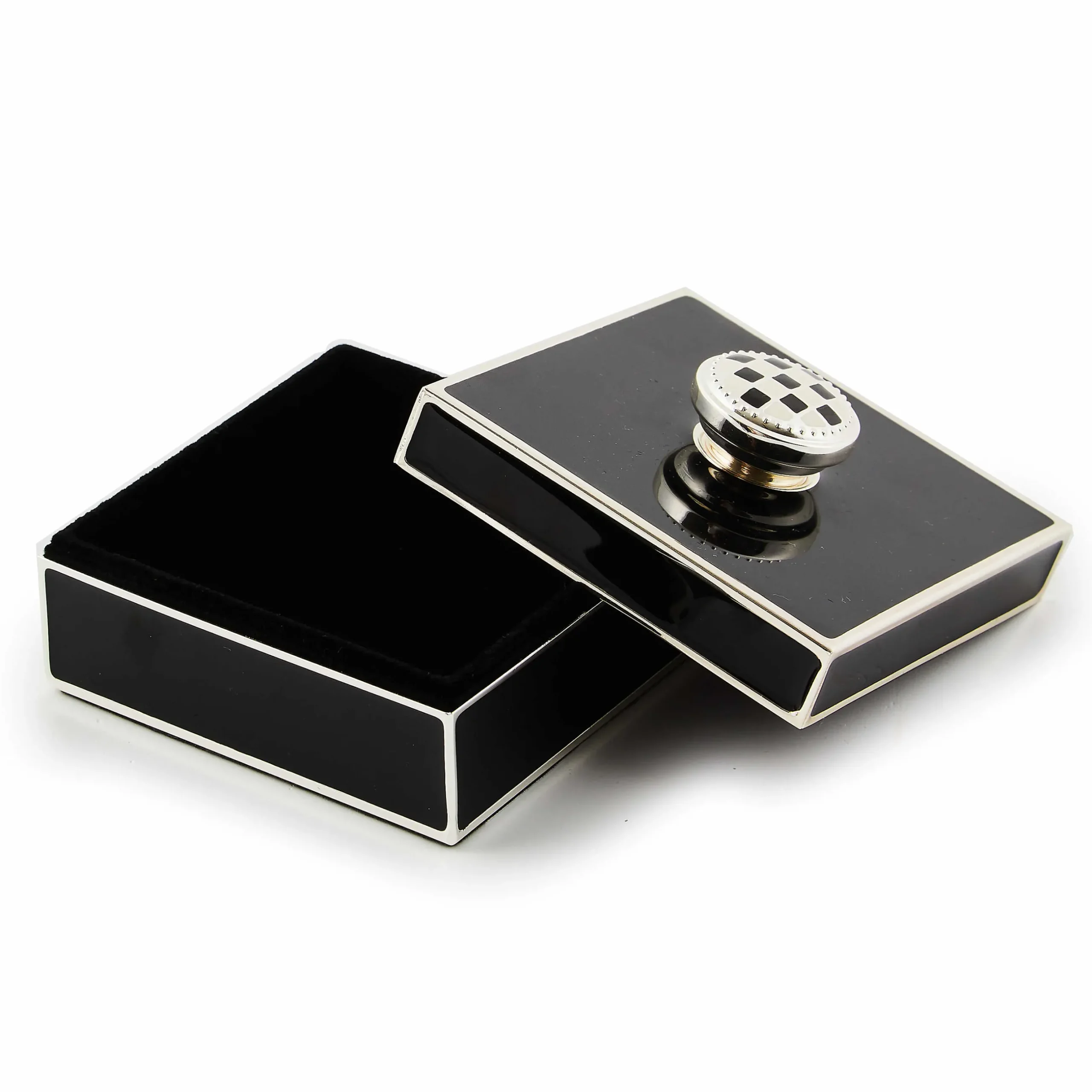Room Accents|MacKenzie-Childs Black Silver Plated Trinket Box with Check Knob