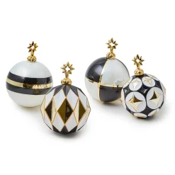 Holiday|MacKenzie-Childs Black  White Star Glass Ball Ornaments, Set of 4