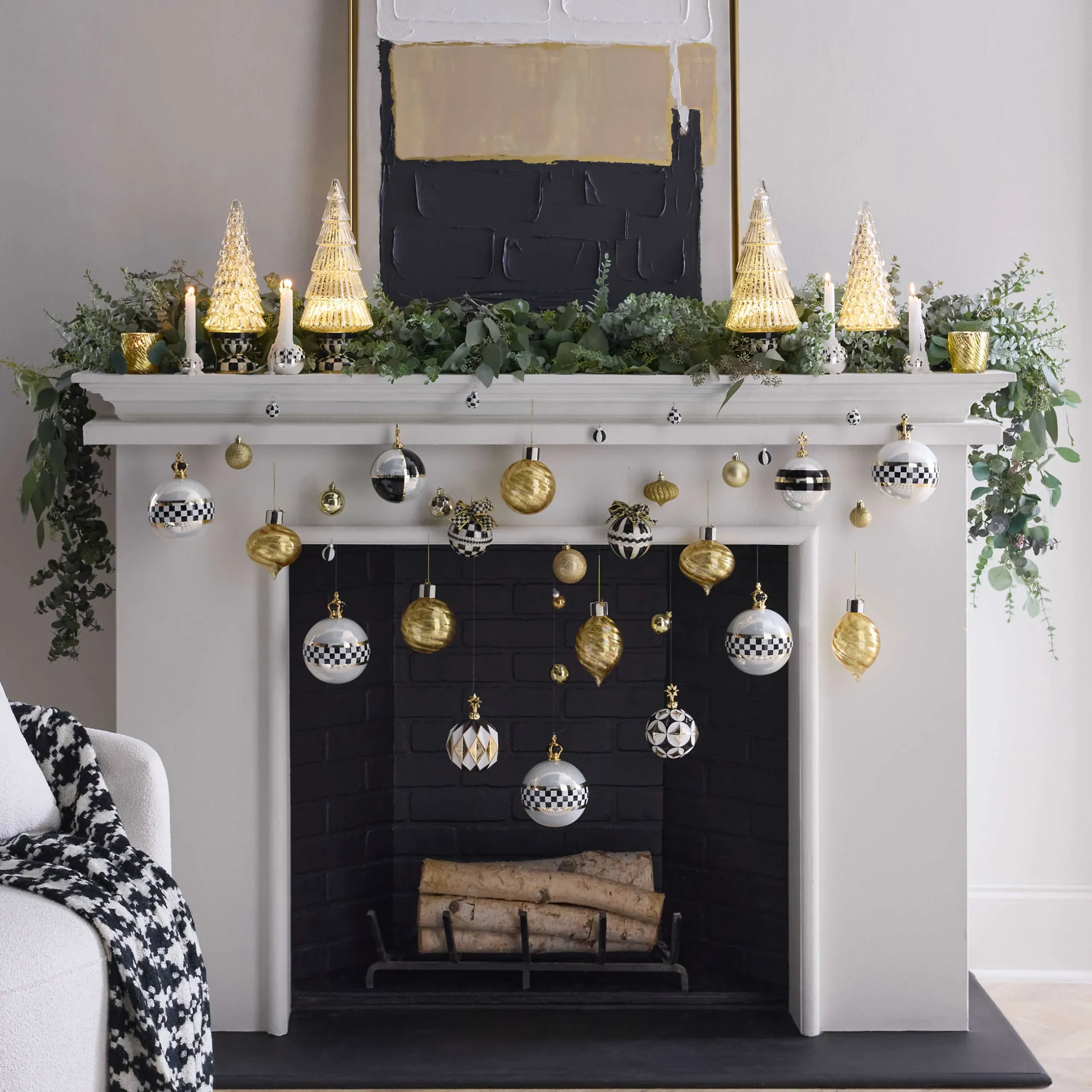 Holiday|MacKenzie-Childs Black White Star Glass Ball Ornaments, Set of 4