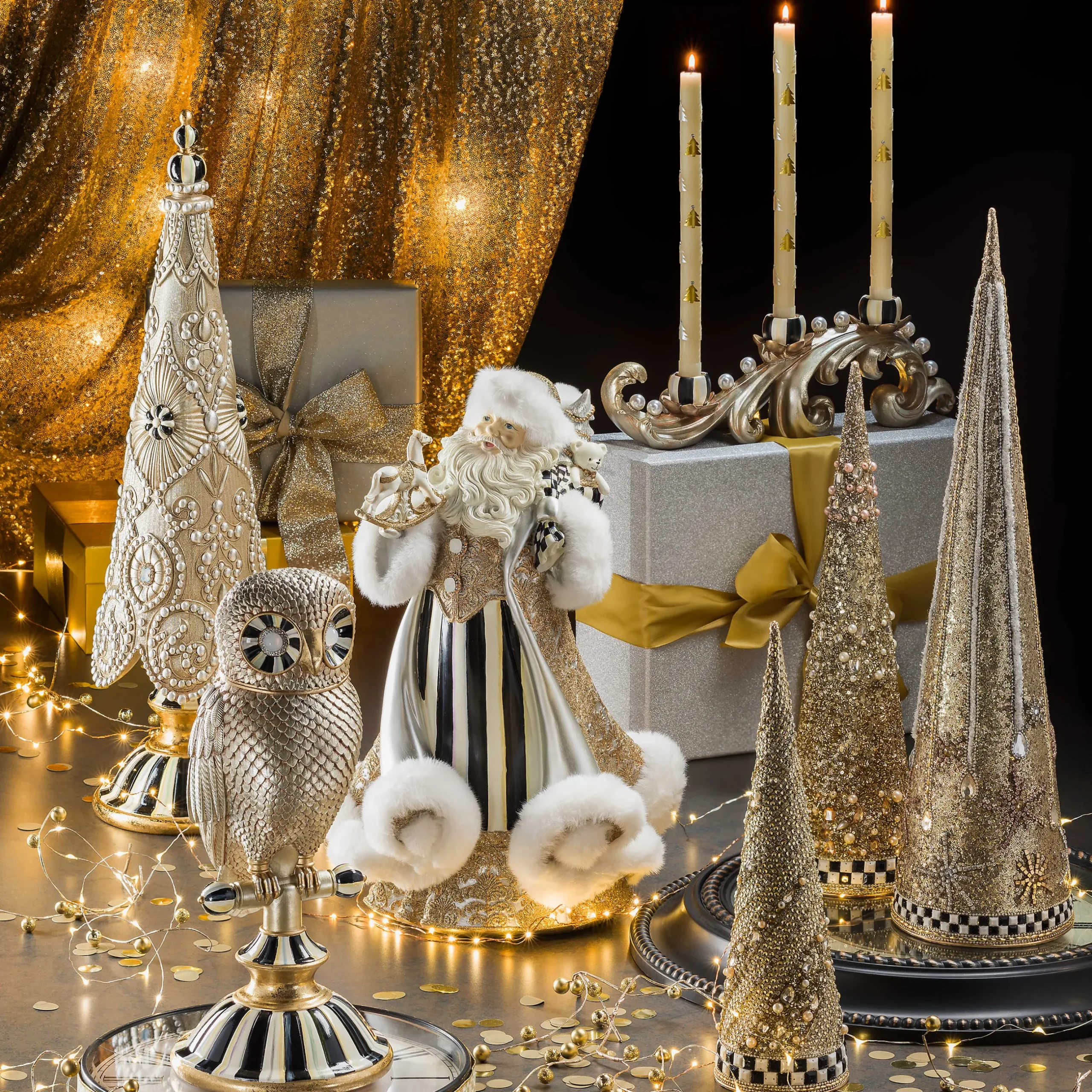 Candles & Fragrances|Table Accessories|MacKenzie-Childs Christmas Tree Dinner Candles - Gold Pearl - Set of 2