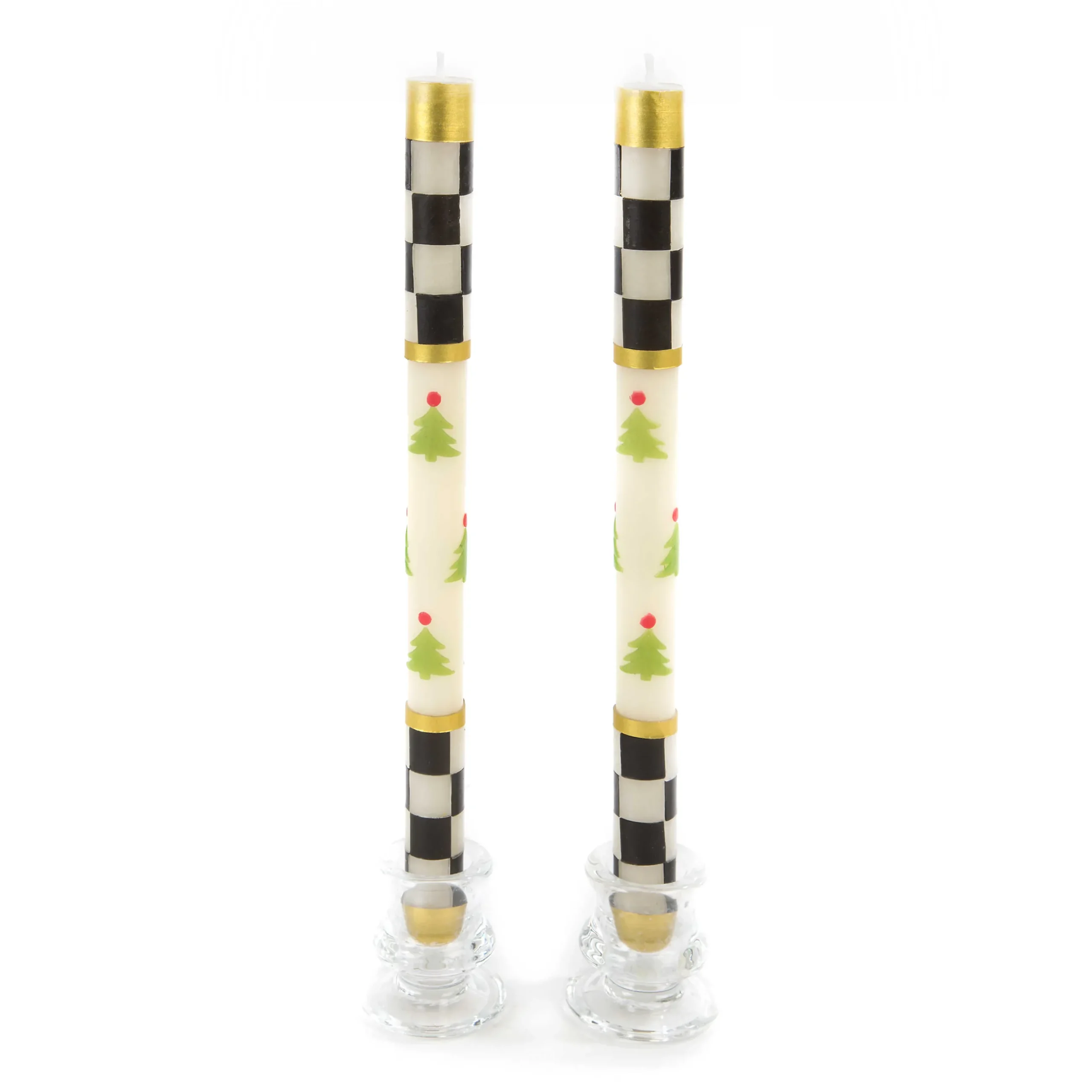 Holiday|Candles & Fragrances|MacKenzie-Childs Christmas Tree Dinner Candles - Check Bands - Set of 2