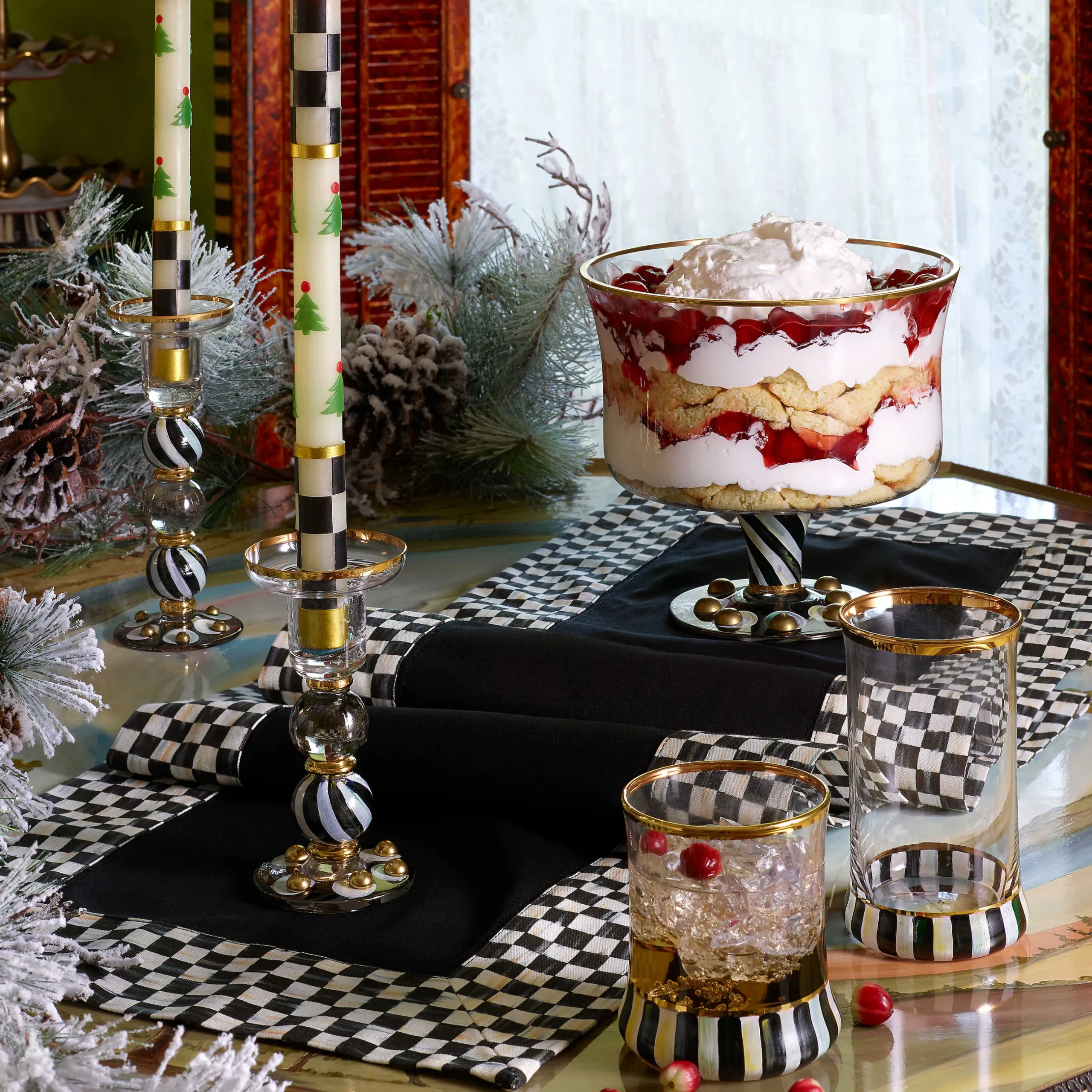 Holiday|Candles & Fragrances|MacKenzie-Childs Christmas Tree Dinner Candles - Check Bands - Set of 2