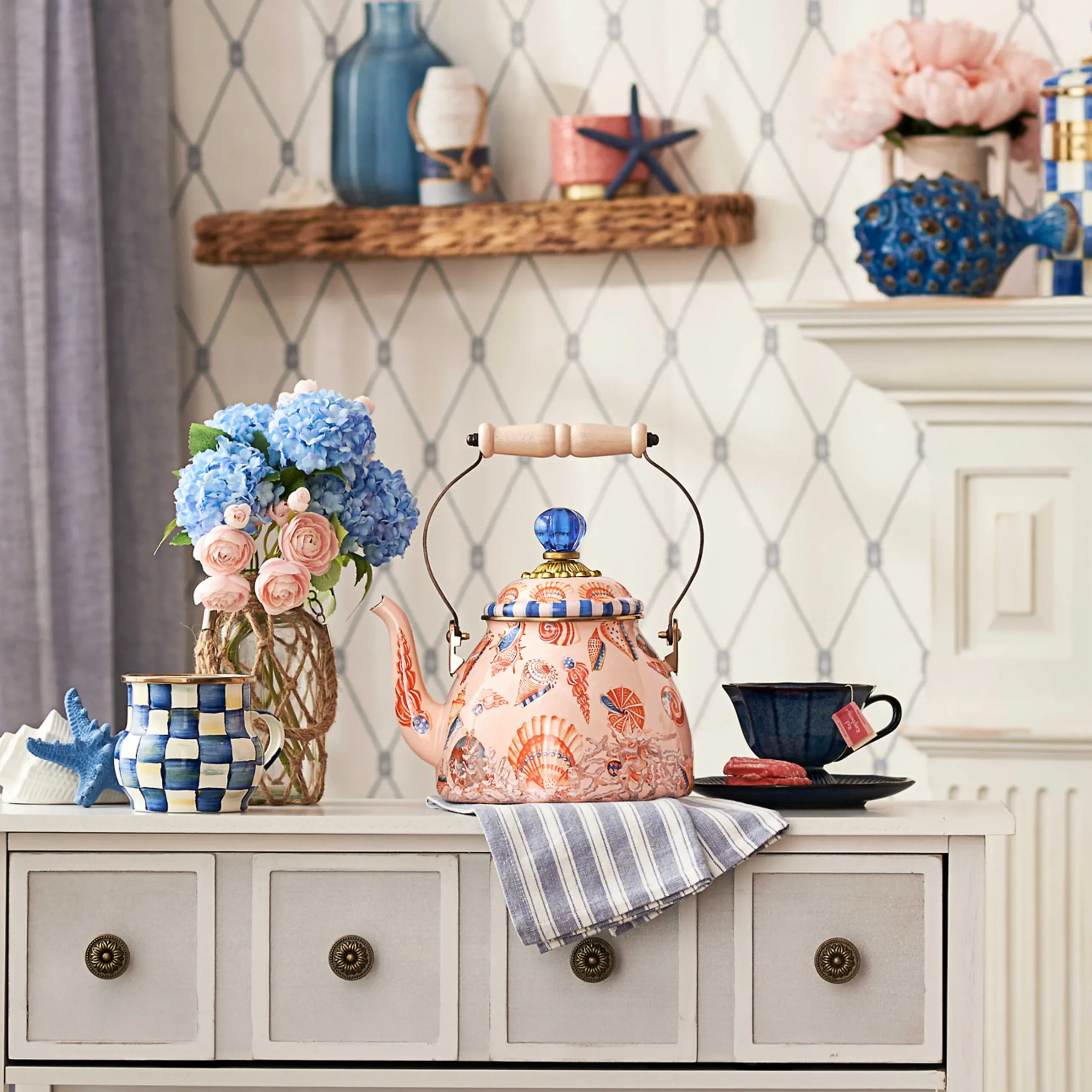 Fall Entertaining|Tea Kettles|MacKenzie-Childs Coastal Shells 2 Quart Tea Kettle