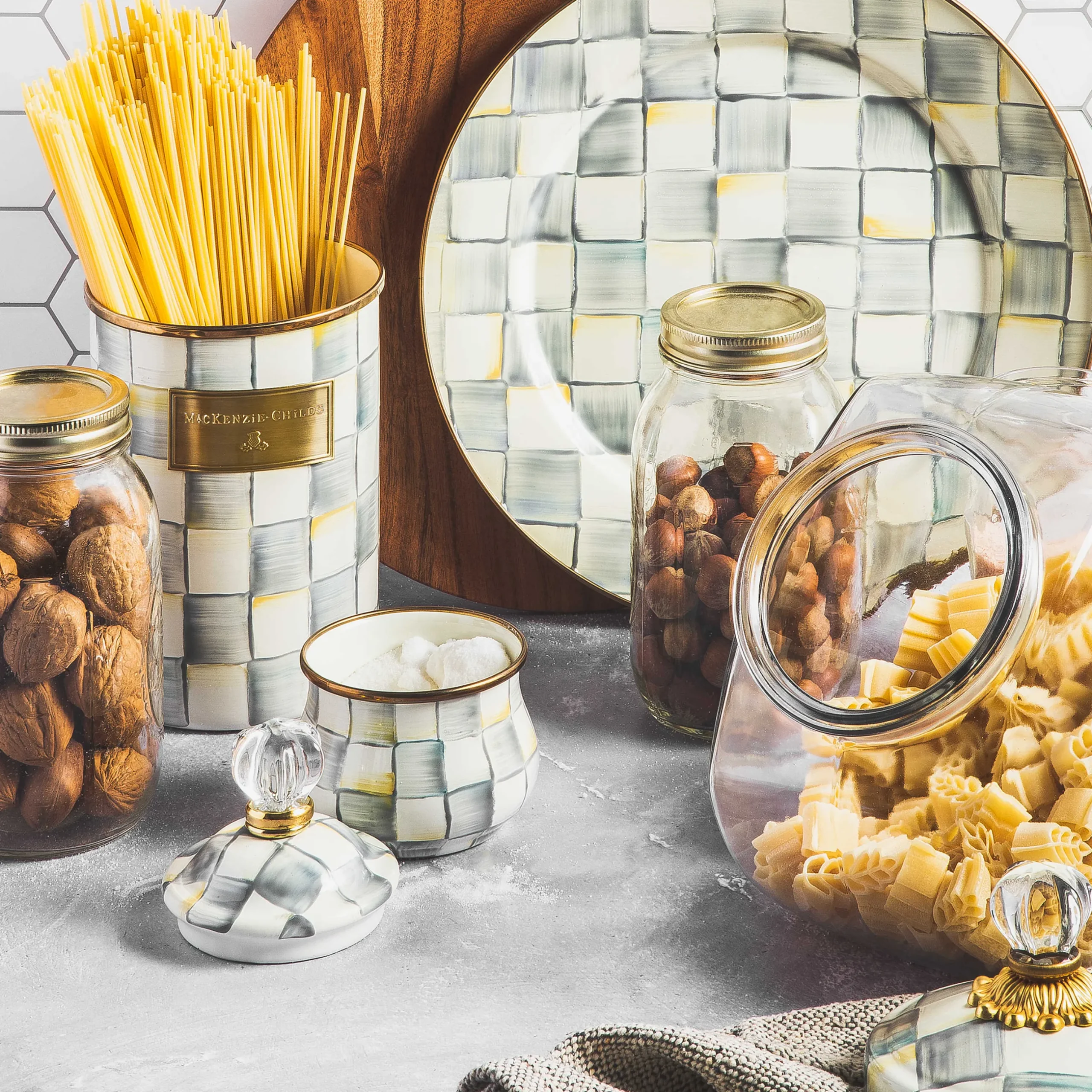 Kitchen Storage & Organization|MacKenzie-Childs Cookie Jar with Sterling Check Lid