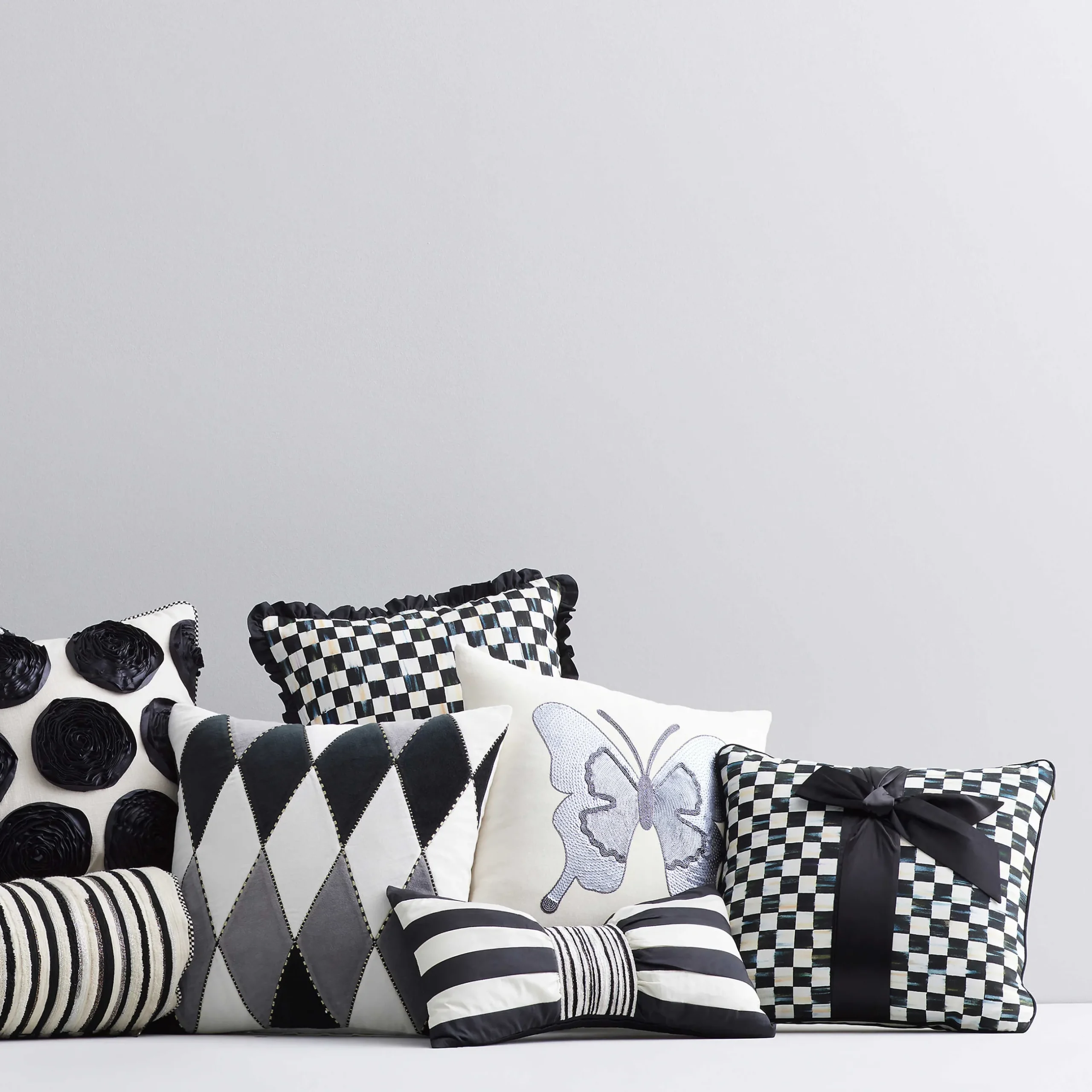 Pillows, Throws, & Cushions|MacKenzie-Childs Courtly Check Black Sash Throw Pillow