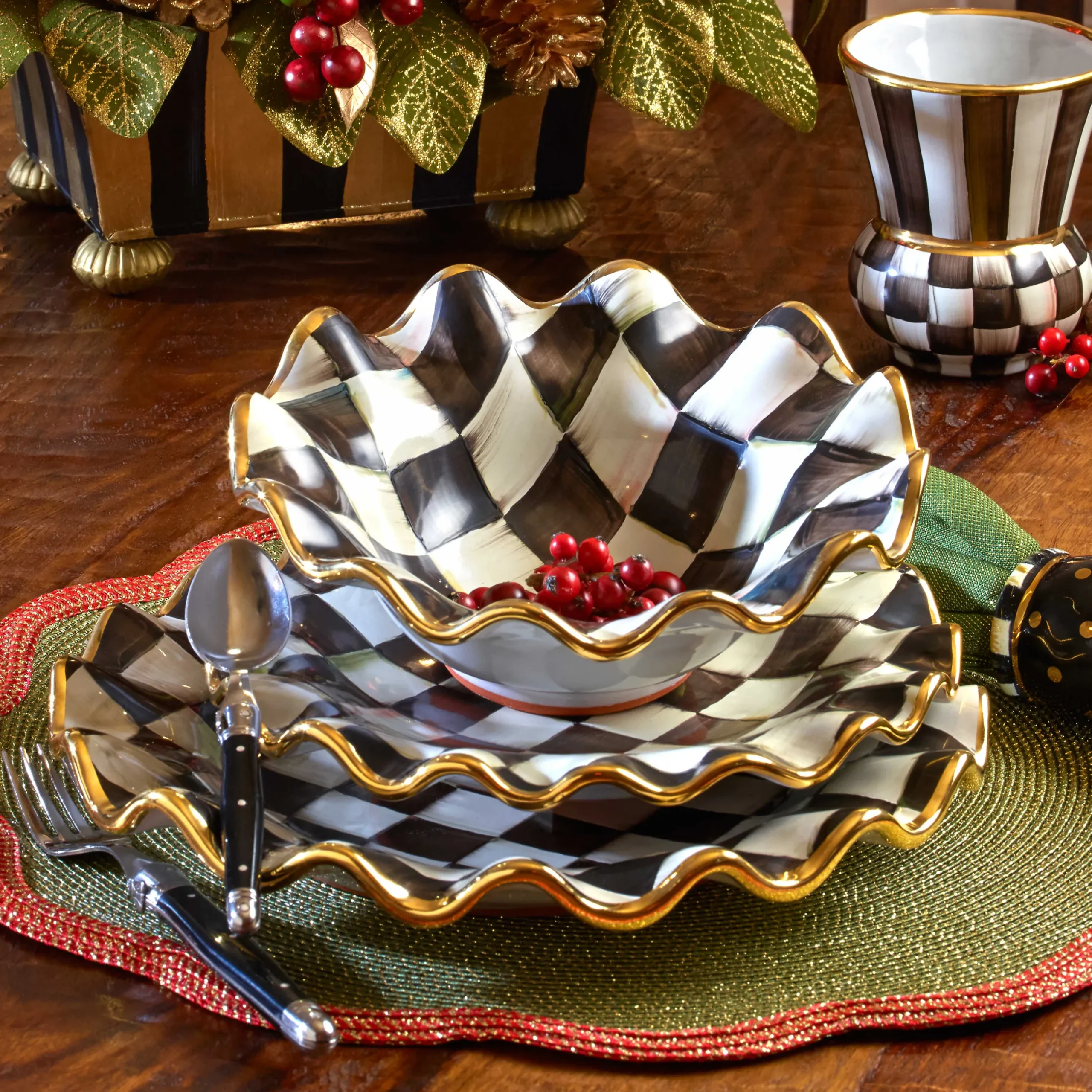 Dinnerware & Flatware|MacKenzie-Childs Courtly Check Ceramic Fluted Breakfast Bowl
