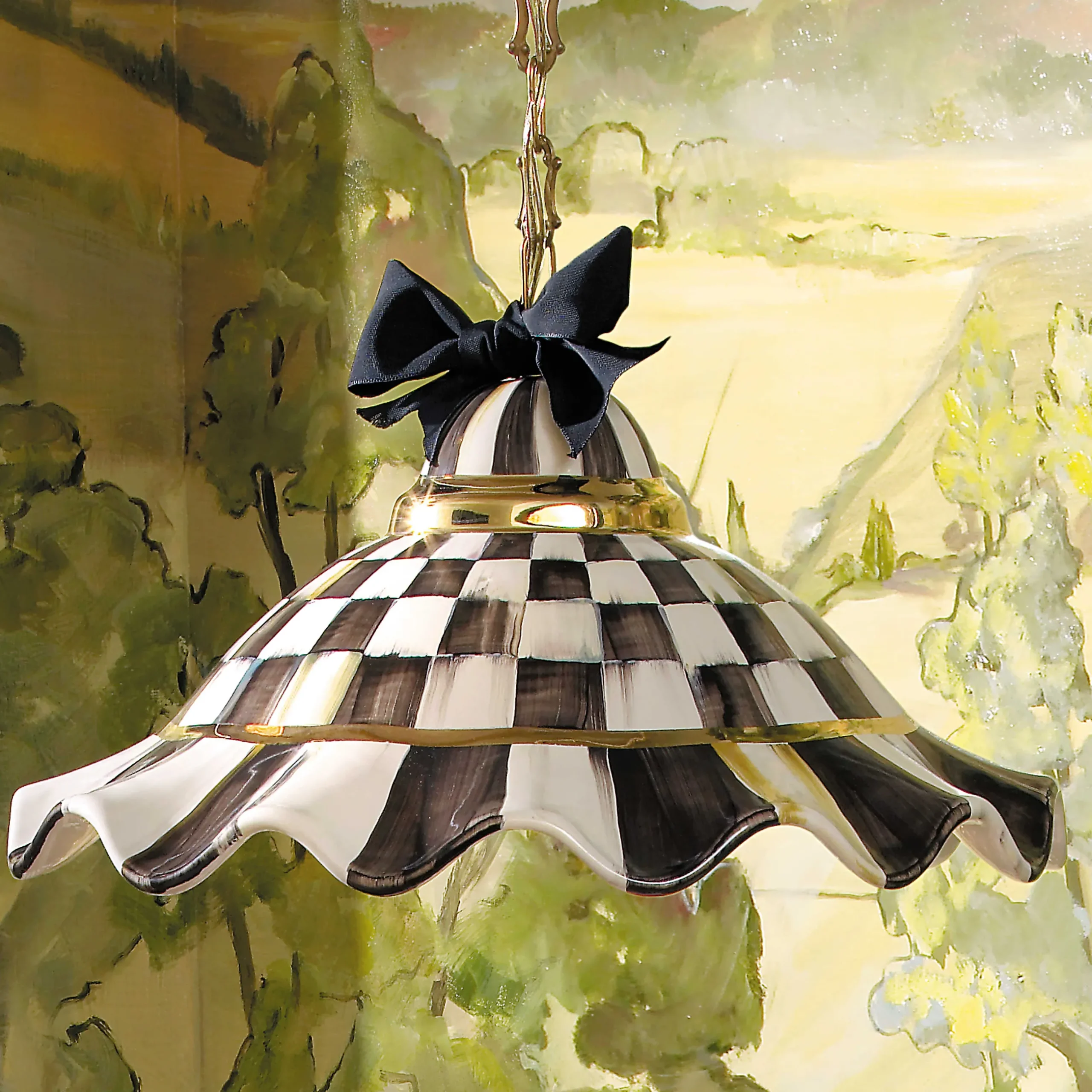 Lighting|MacKenzie-Childs Courtly Check Ceramic Fluted Hanging Lamp