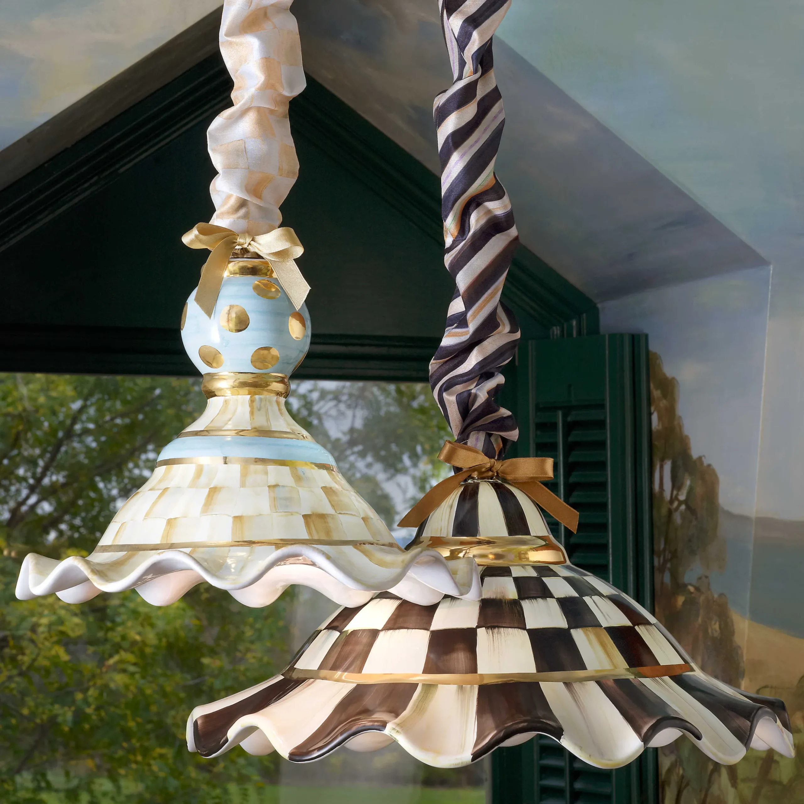 Lighting|MacKenzie-Childs Courtly Check Ceramic Fluted Hanging Lamp