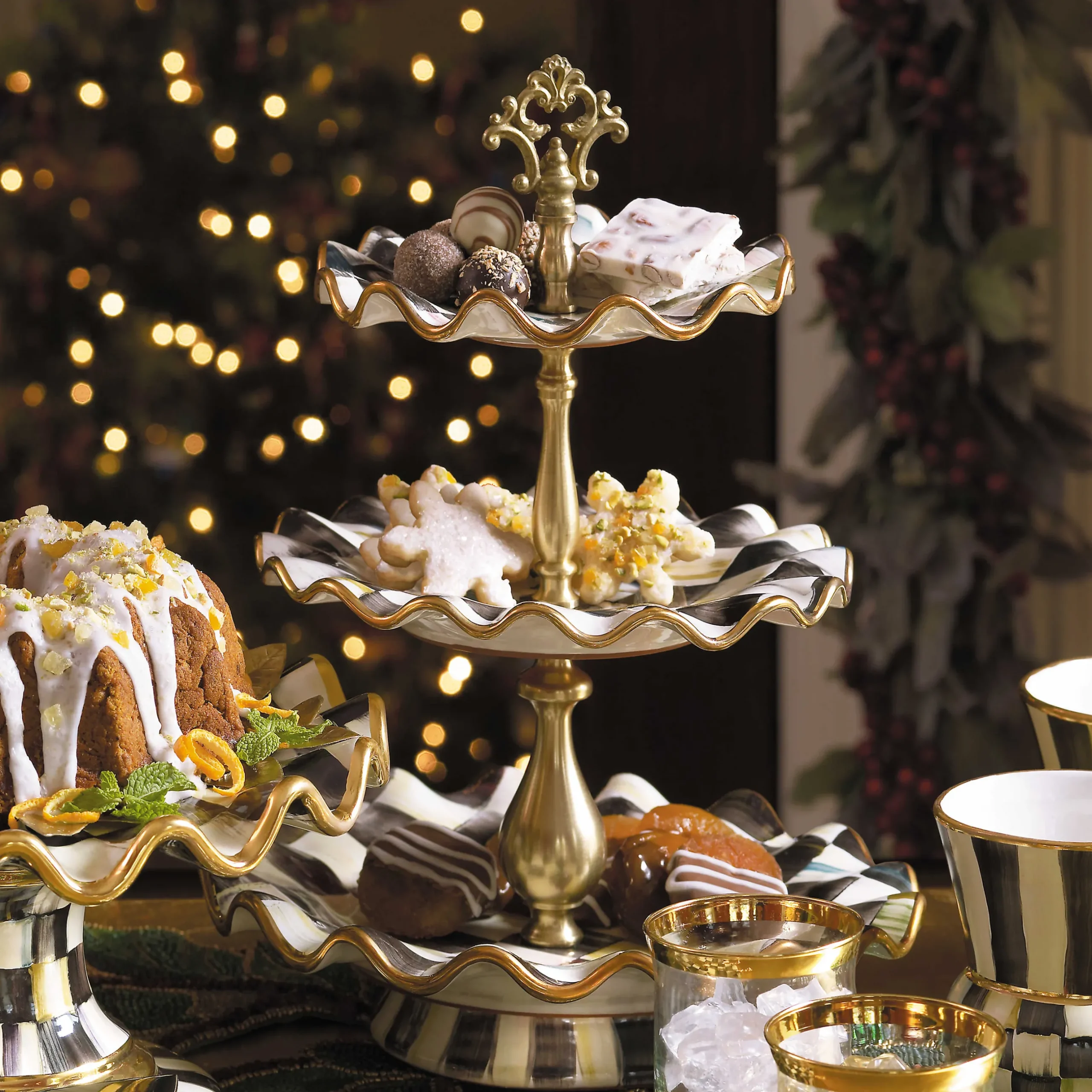 Bar Entertaining|Serveware|MacKenzie-Childs Courtly Check Ceramic Three Tier Sweet Stand