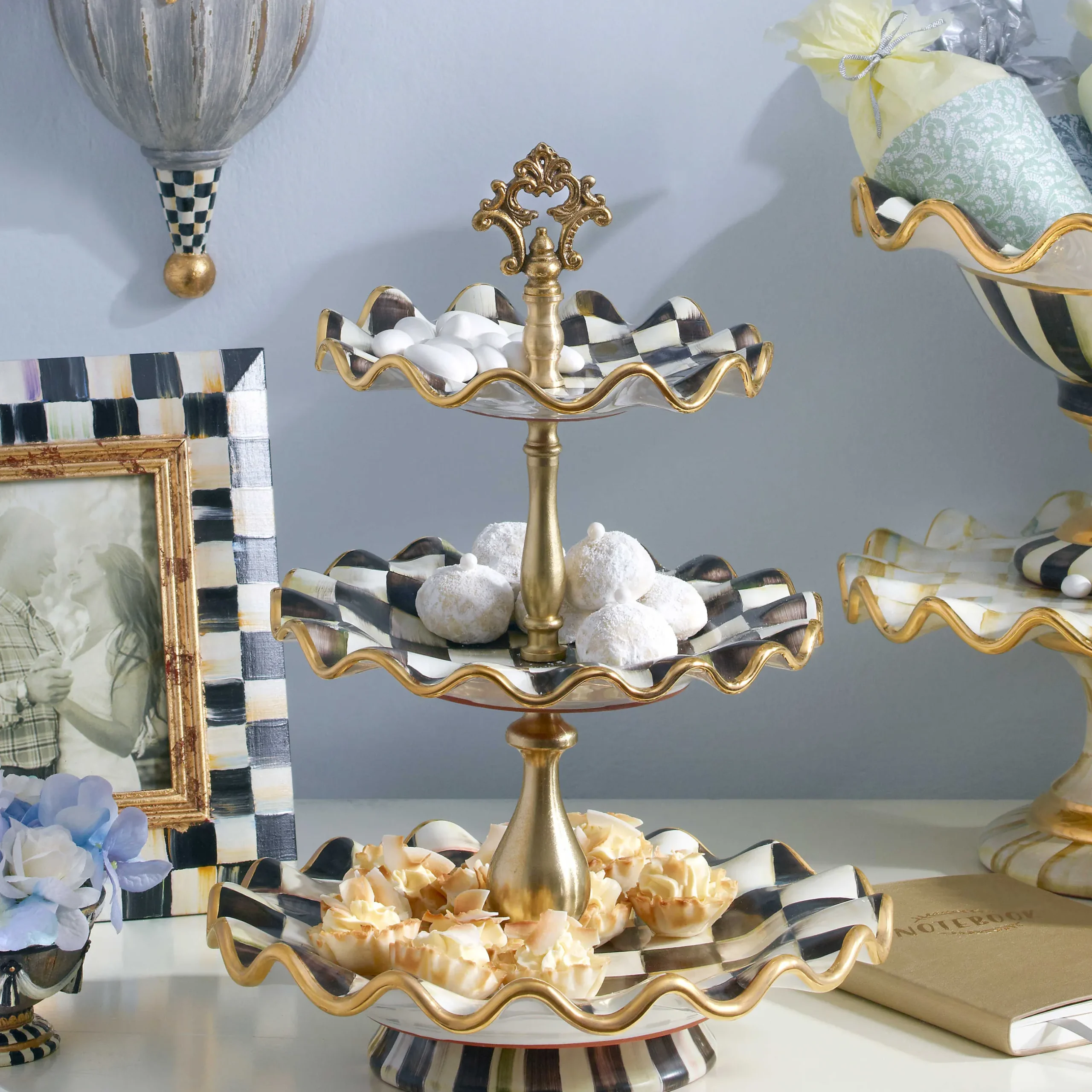 Bar Entertaining|Serveware|MacKenzie-Childs Courtly Check Ceramic Three Tier Sweet Stand