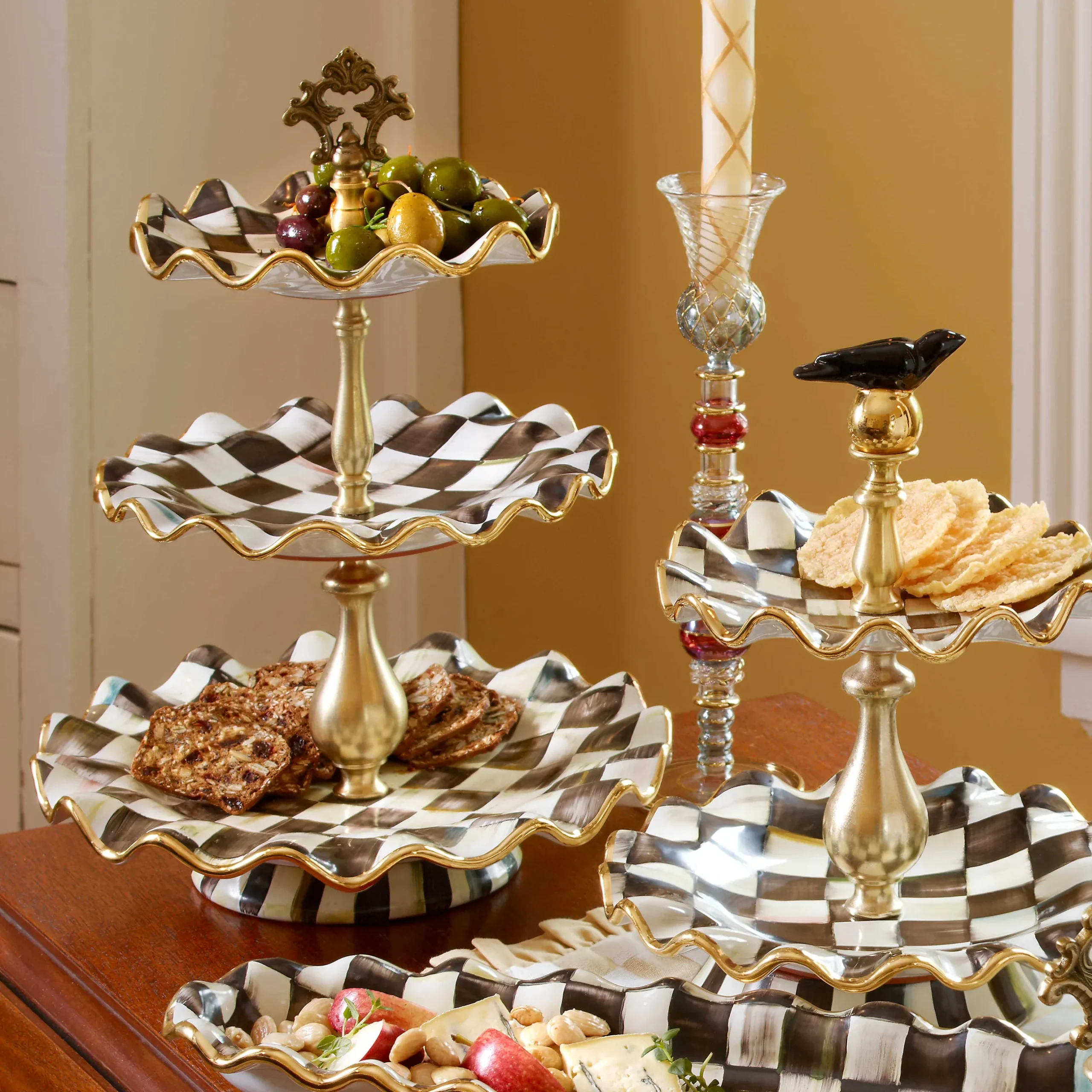 Bar Entertaining|Serveware|MacKenzie-Childs Courtly Check Ceramic Three Tier Sweet Stand