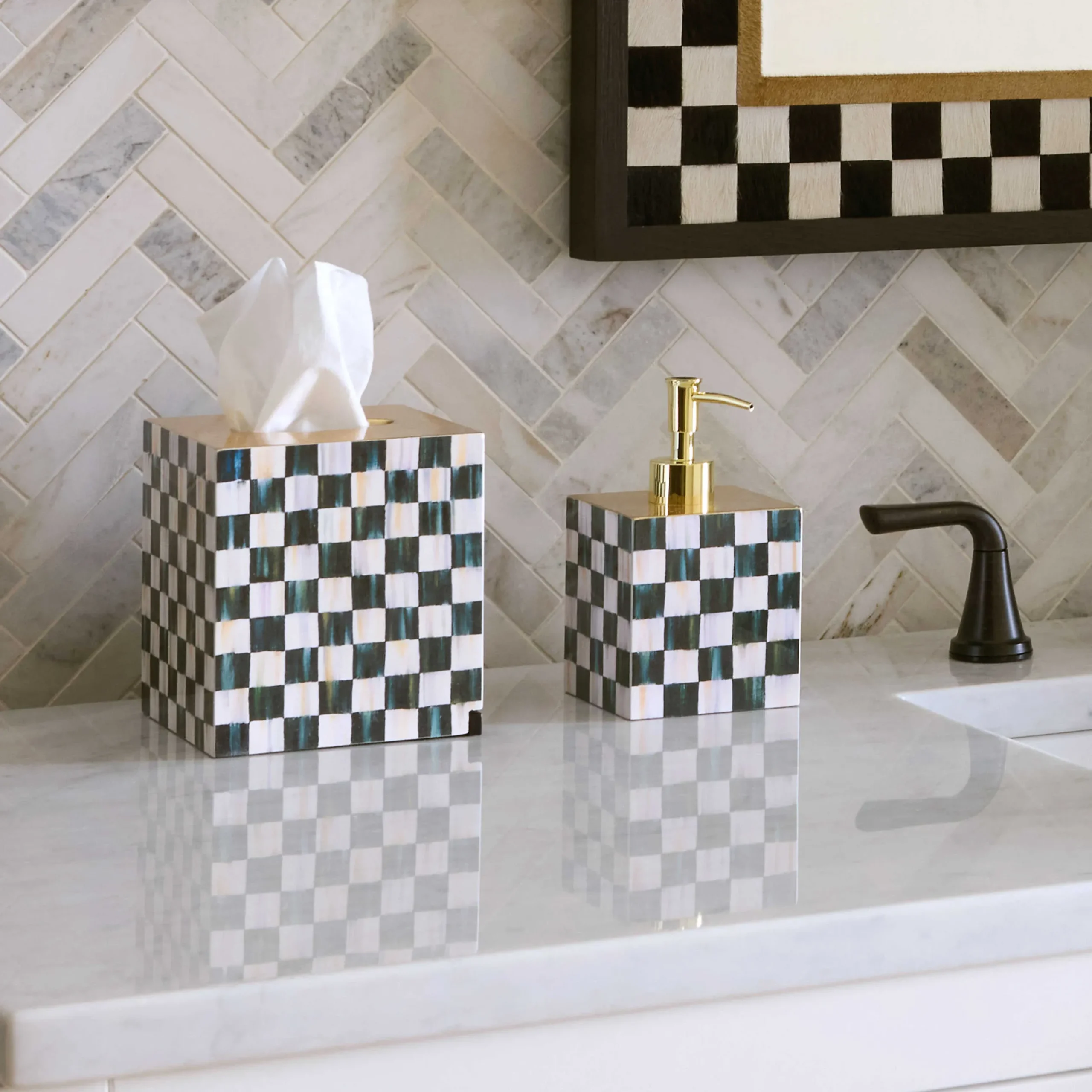 Bath & Bath Accessories|MacKenzie-Childs Courtly Check Lacquer Boutique Tissue Box Cover