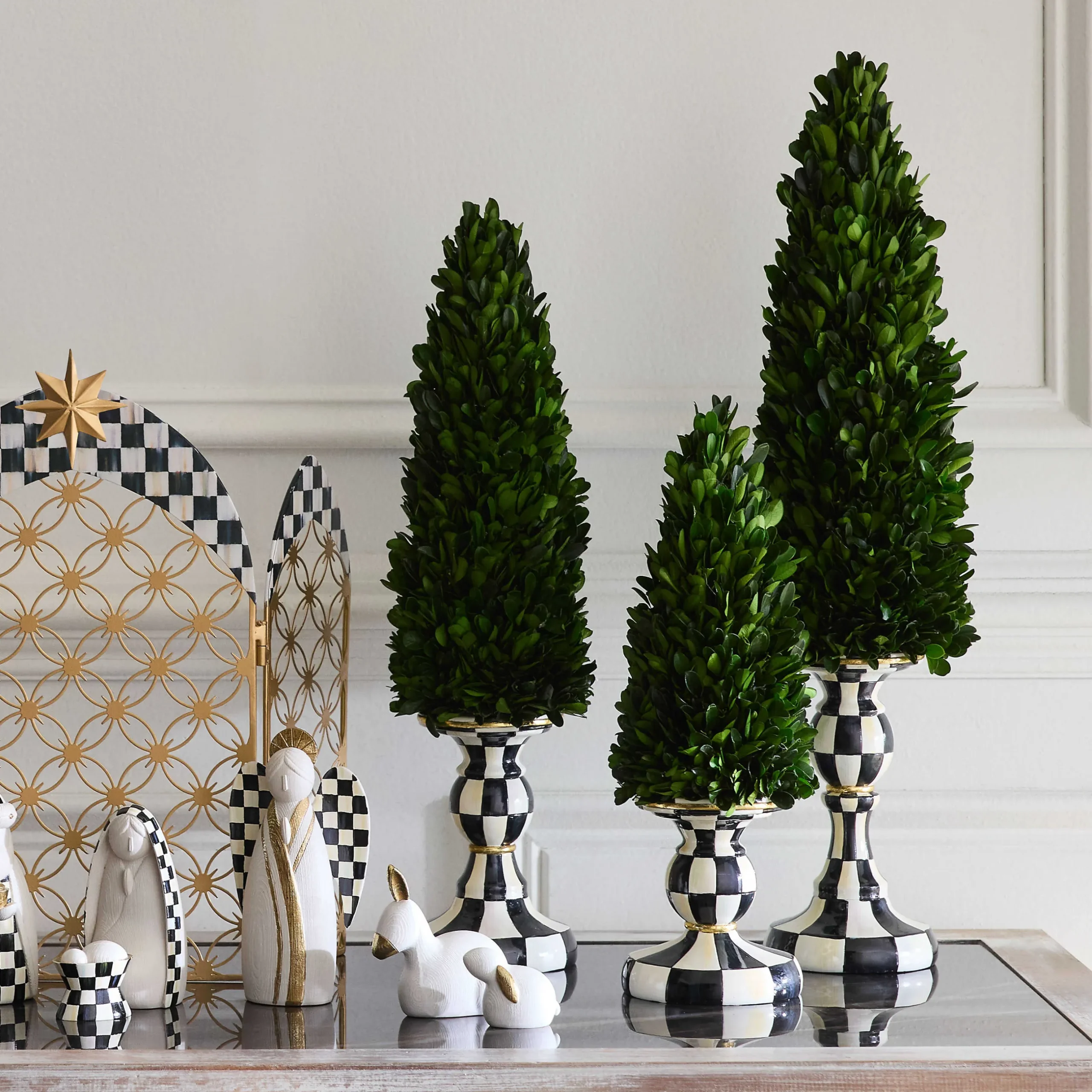 Greenery & Florals|MacKenzie-Childs Courtly Check Large Pedestal Boxwood Tree