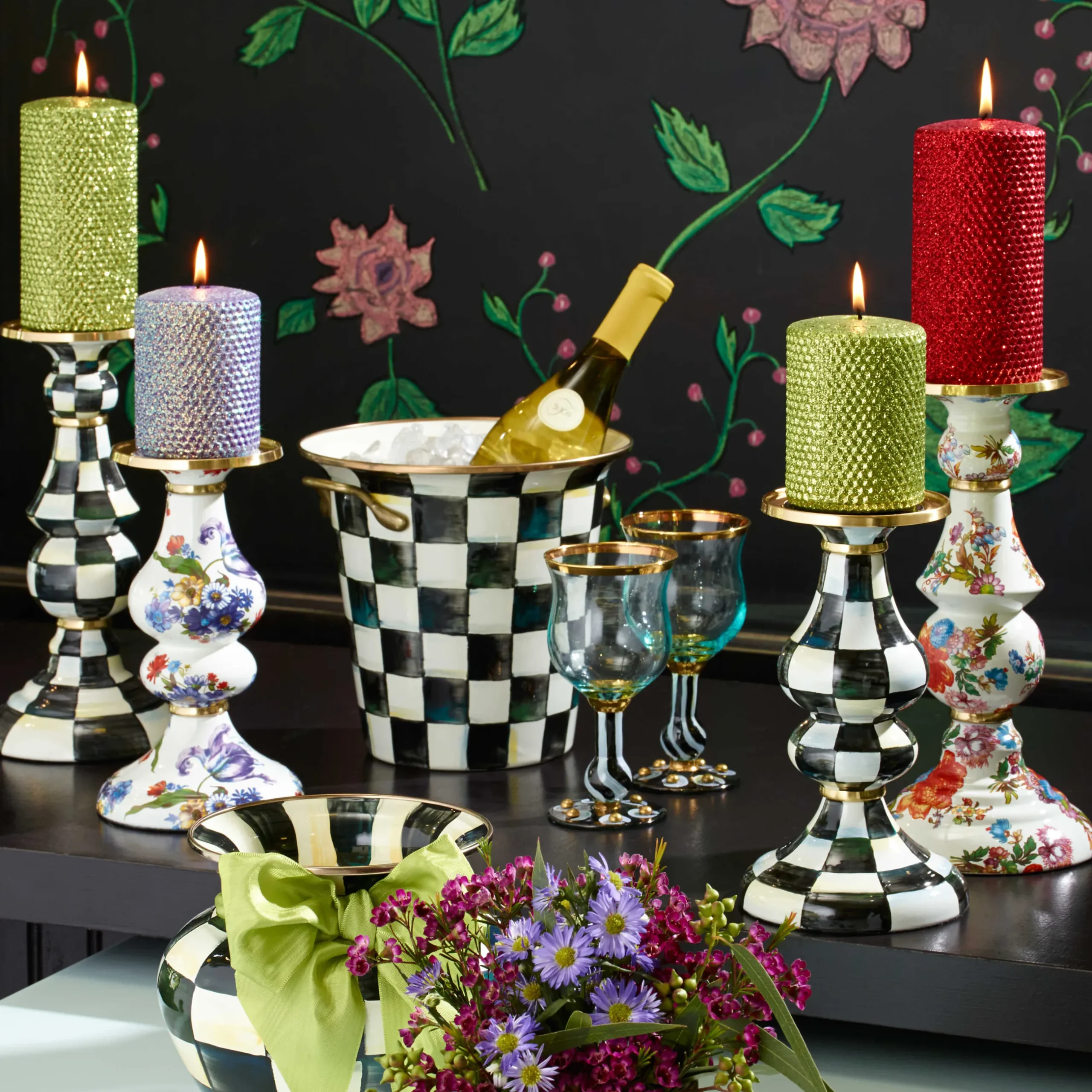 Candles & Fragrances|Table Accessories|MacKenzie-Childs Courtly Check Large Pillar Candlestick