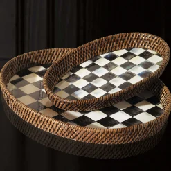 Fall Entertaining|Bar Entertaining|MacKenzie-Childs Courtly Check Rattan  Enamel Large Serving Tray