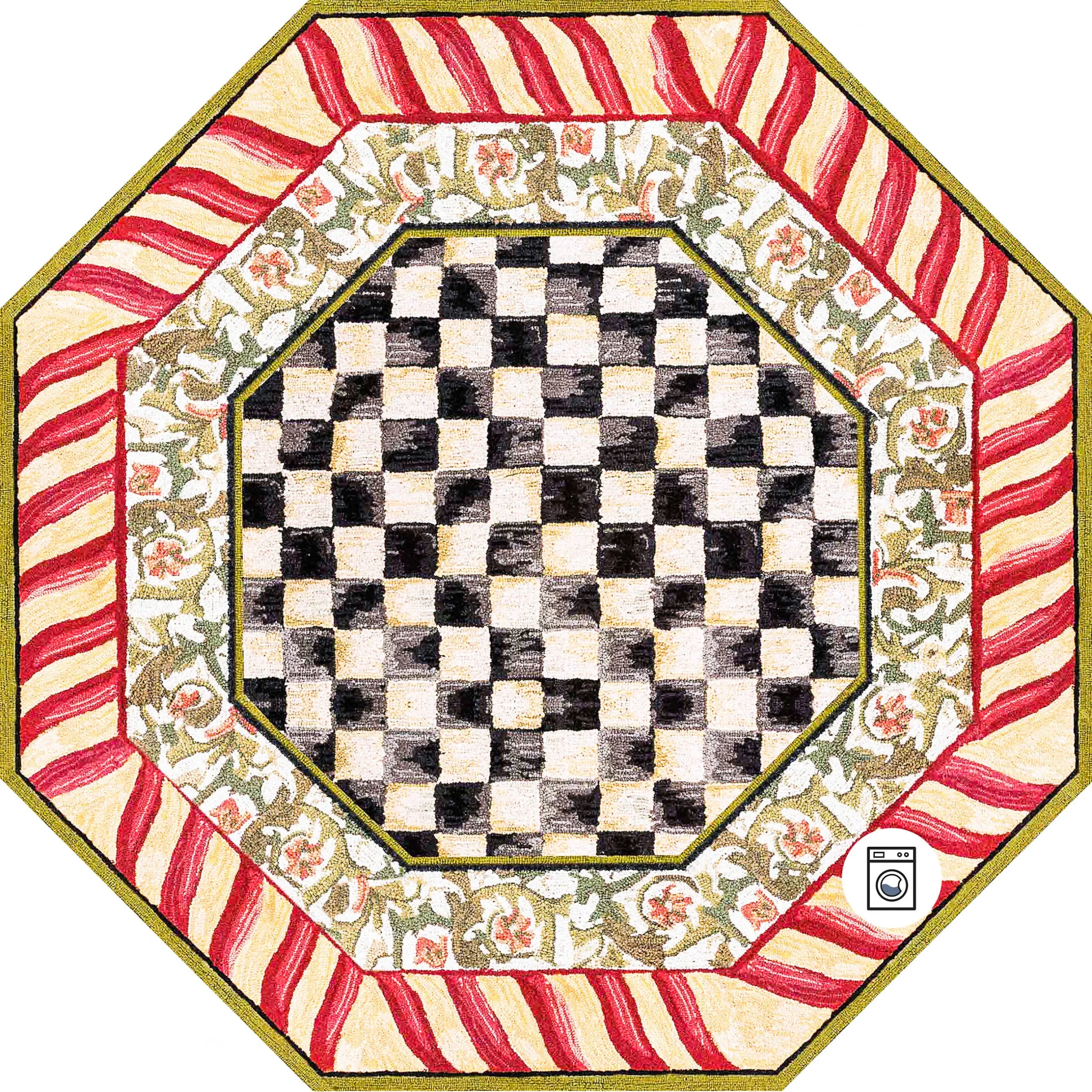 Rugs|MacKenzie-Childs Courtly Check Red Gold 6' Octagon Washable Rug