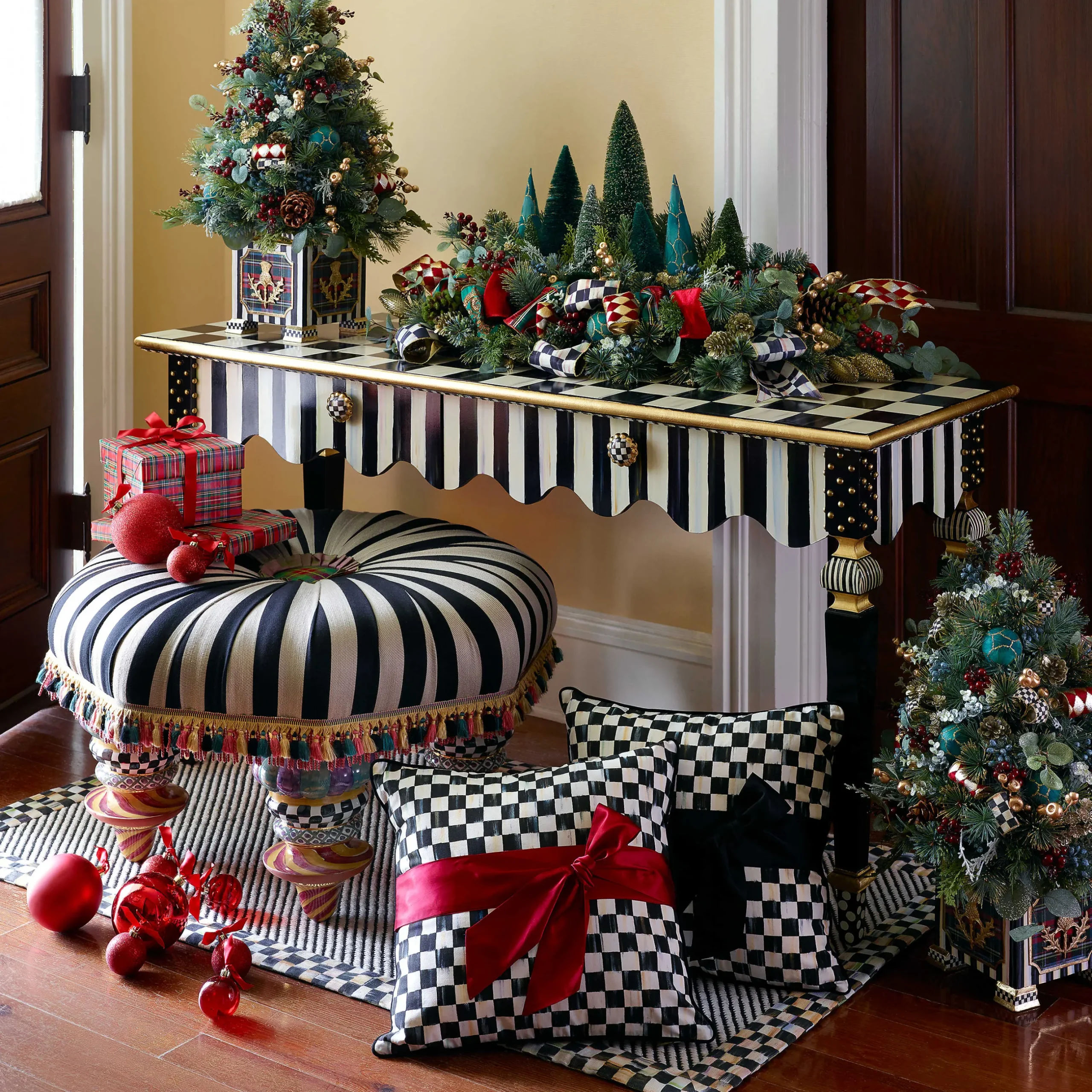 Pillows, Throws, & Cushions|MacKenzie-Childs Courtly Check Red Sash Throw Pillow