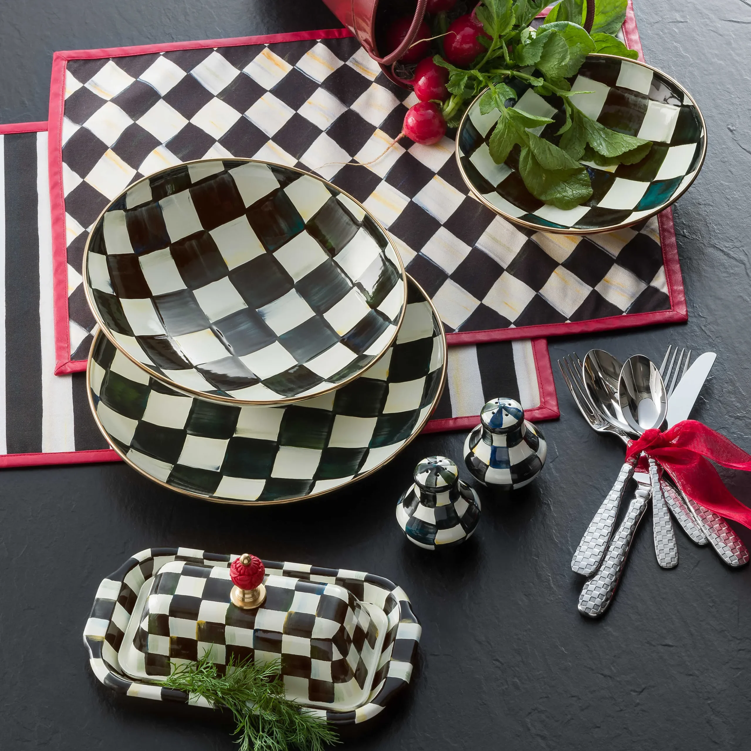 Fall Entertaining|Table Accessories|MacKenzie-Childs Courtly Check Salt Pepper Shakers