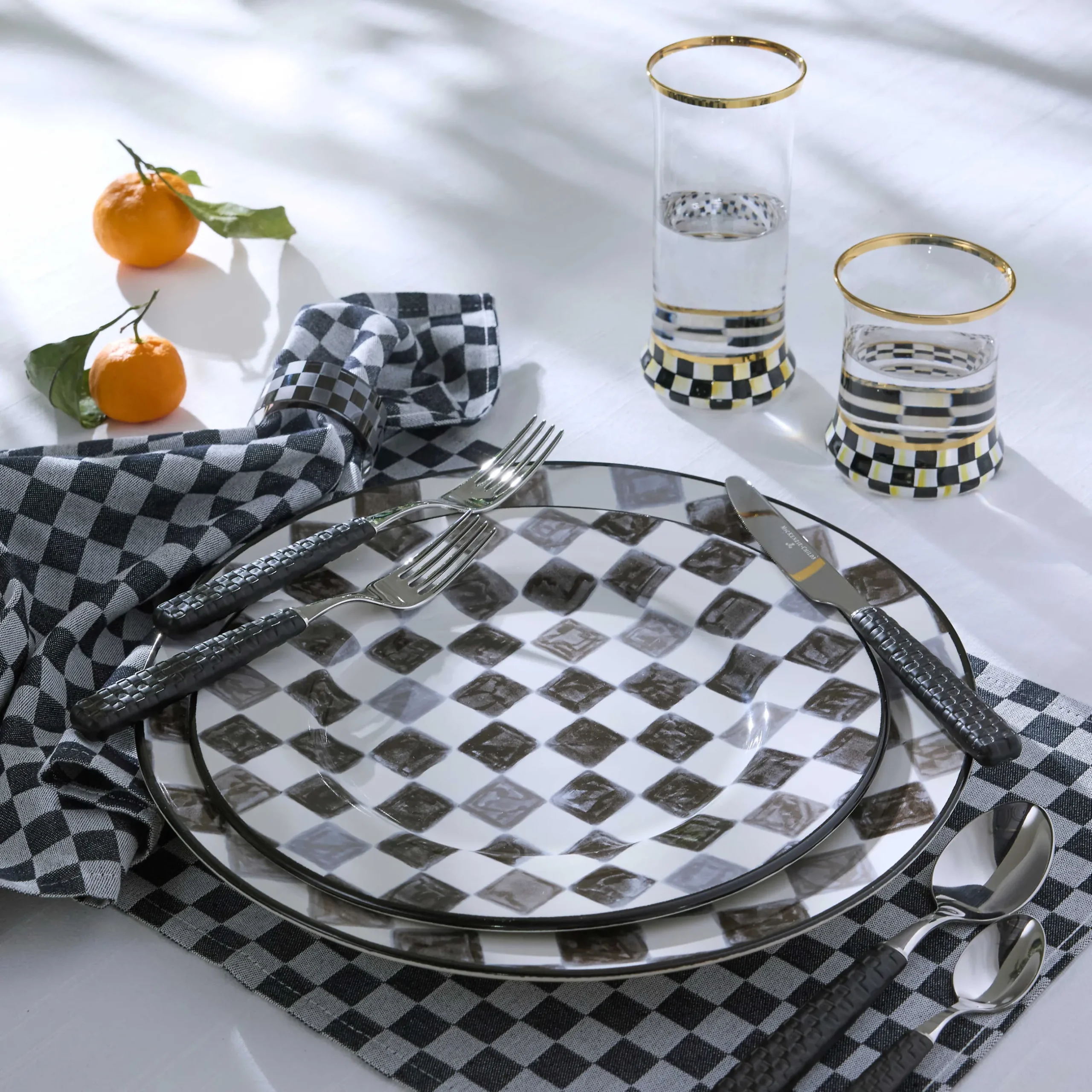 Fall Entertaining|Drinkware|MacKenzie-Childs Courtly Check Tumbler Glass, Set of 2