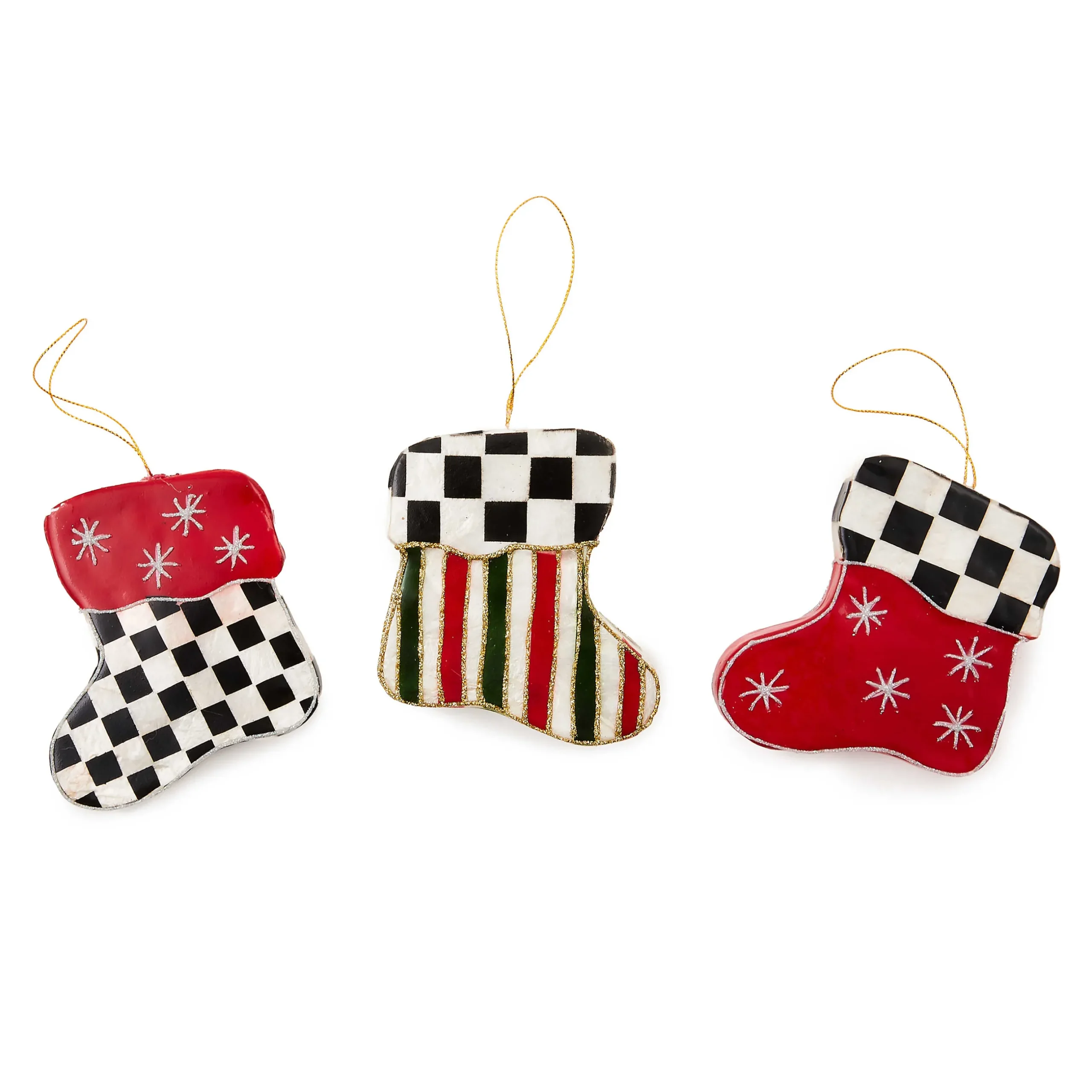 Holiday|MacKenzie-Childs Cozy Christmas Capiz Stocking Ornaments, Set of 3