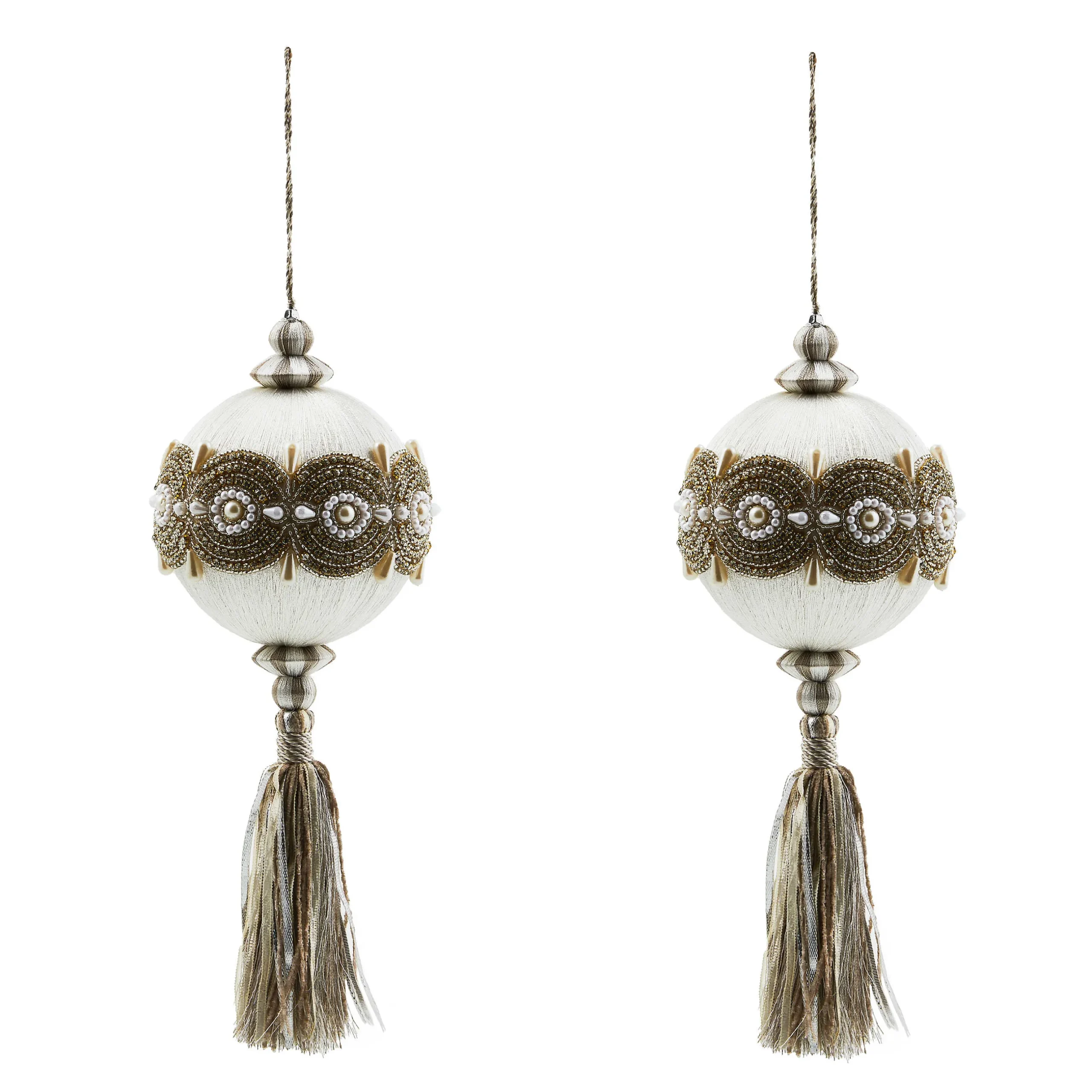 Decor Sets|Room Accents|MacKenzie-Childs Crystal Palace Pearl 5 Ball Tassels, Set of 2