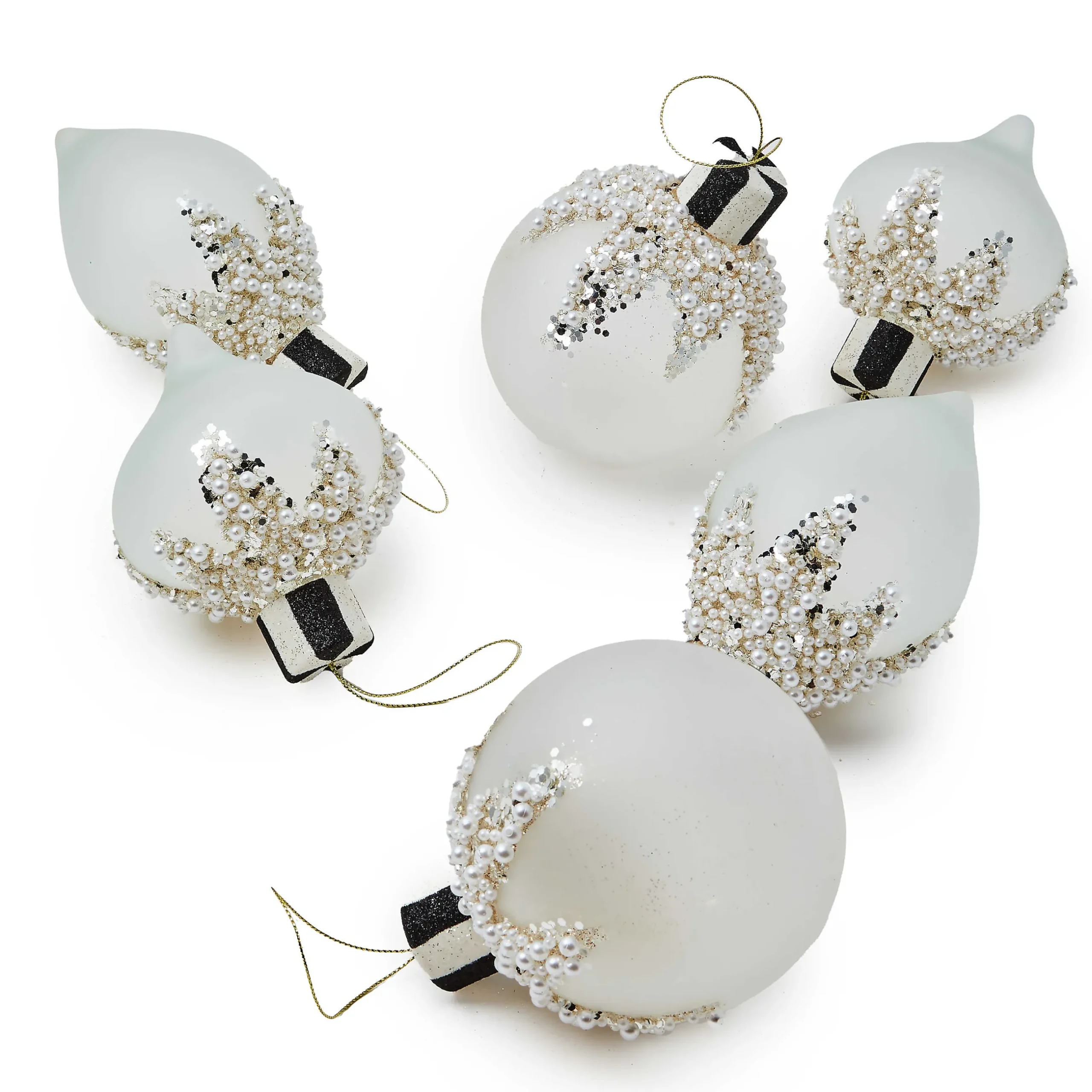 Holiday|MacKenzie-Childs Crystal Palace Pearl Assorted Glass Ornaments, Set of 6