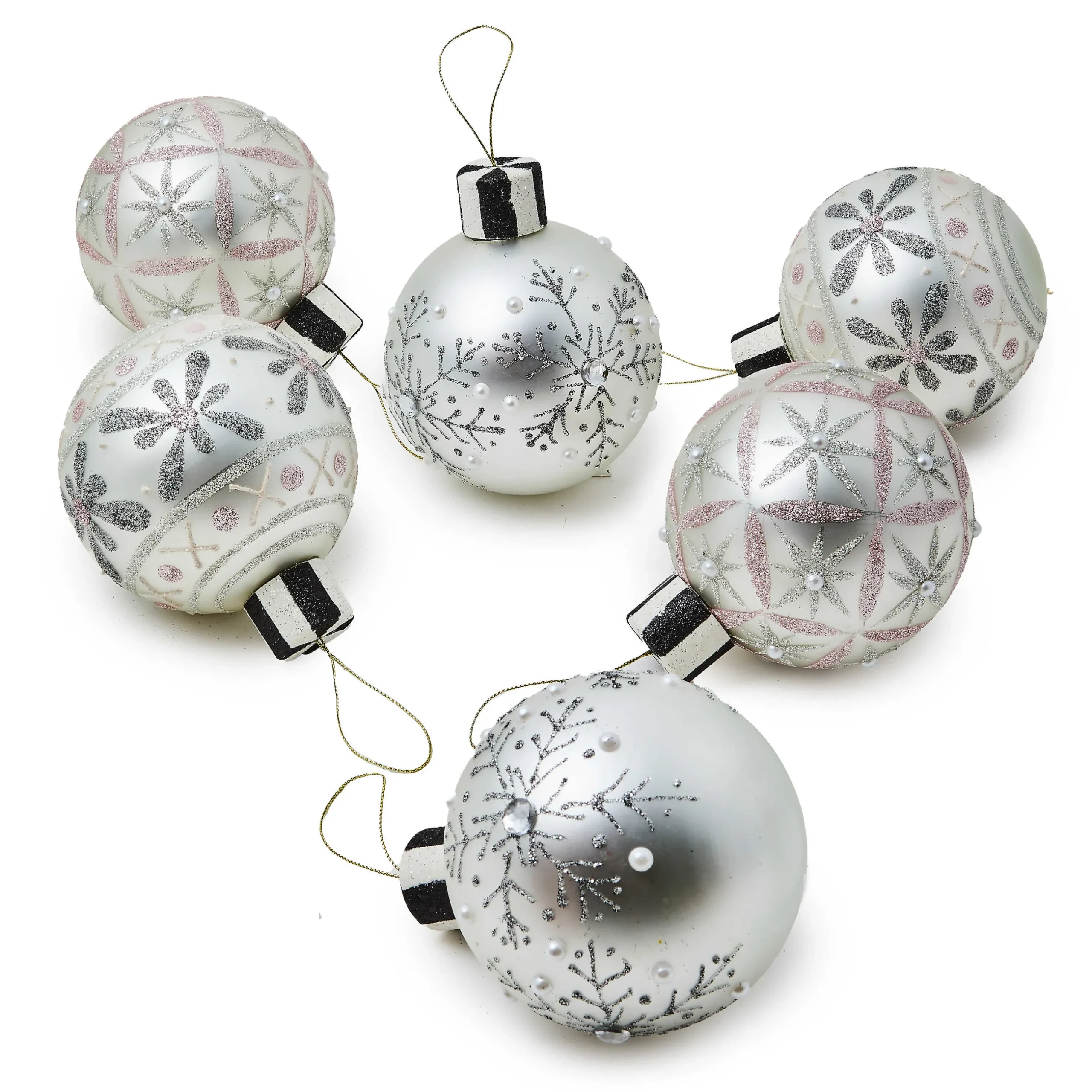 Holiday|MacKenzie-Childs Crystal Palace Snowflake Glass Ball Ornaments, Set of 6