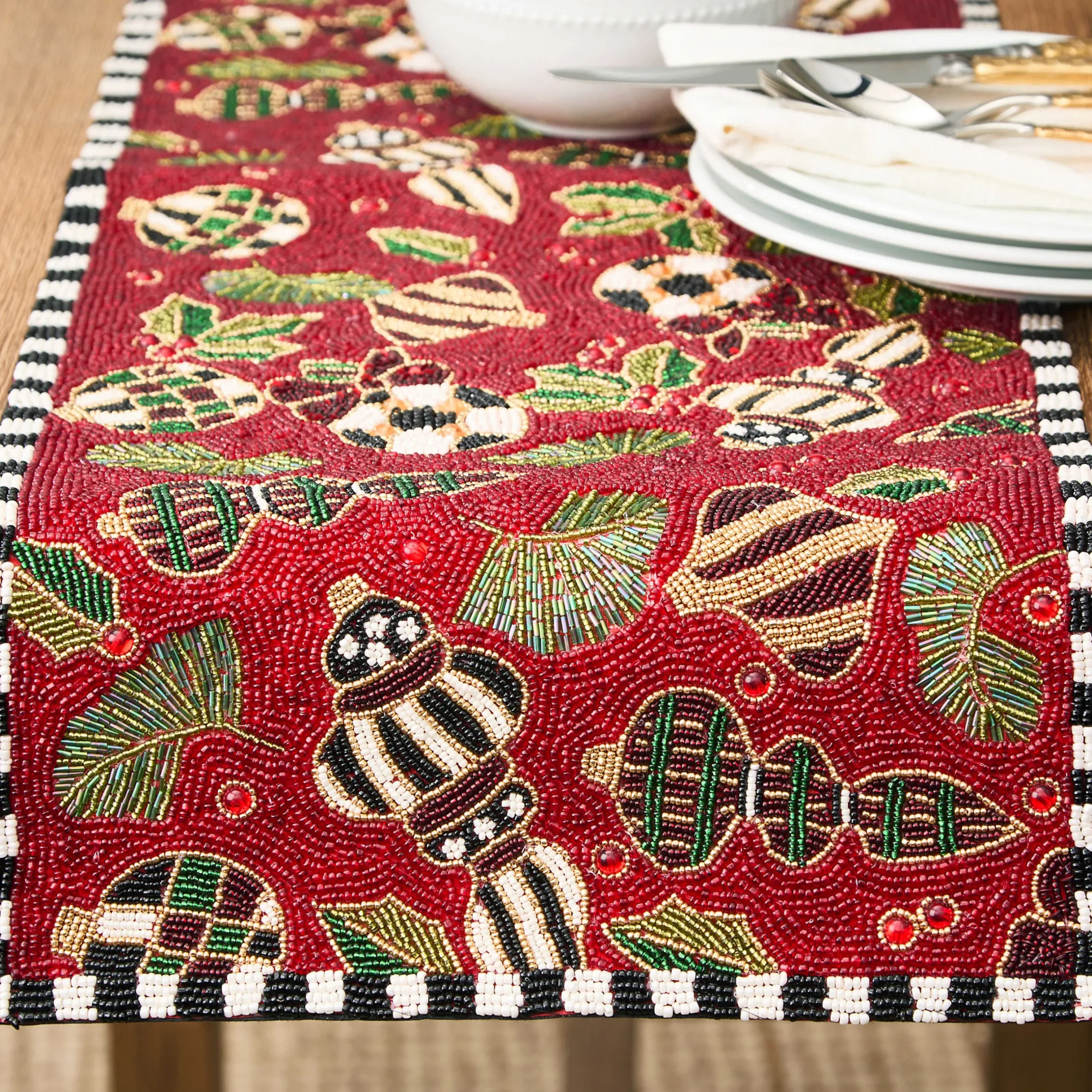 Table Accessories|Kitchen & Table Linens|MacKenzie-Childs Deck the Halls Red Beaded Table Runner