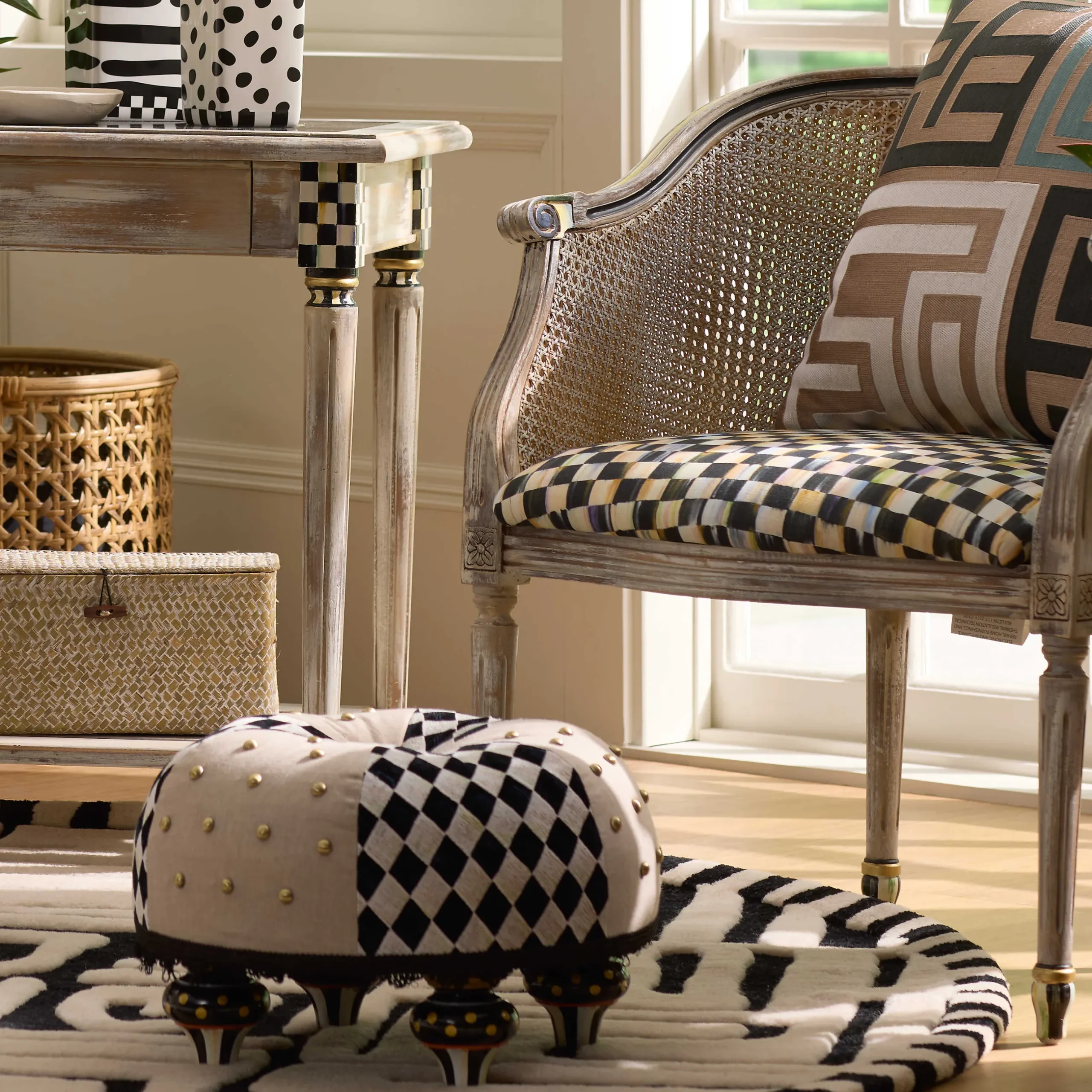 Living Room|MacKenzie-Childs Diamond and Dot Footstool