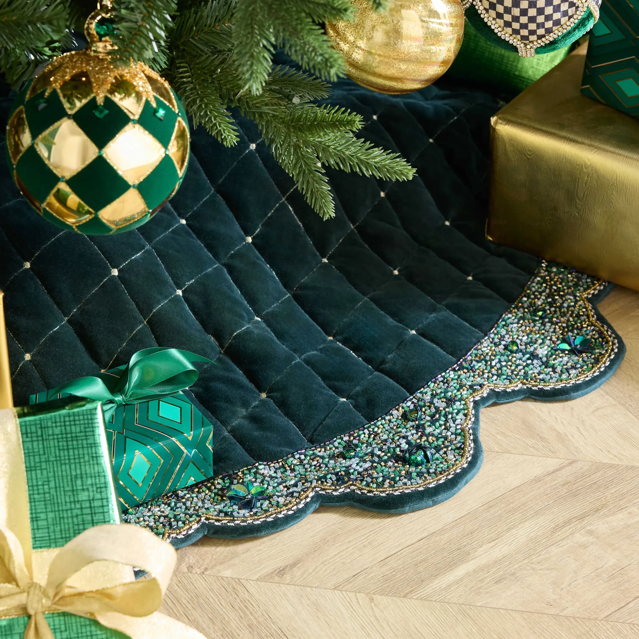 Holiday|Room Accents|MacKenzie-Childs Emerald Beaded Holiday Tree Skirt