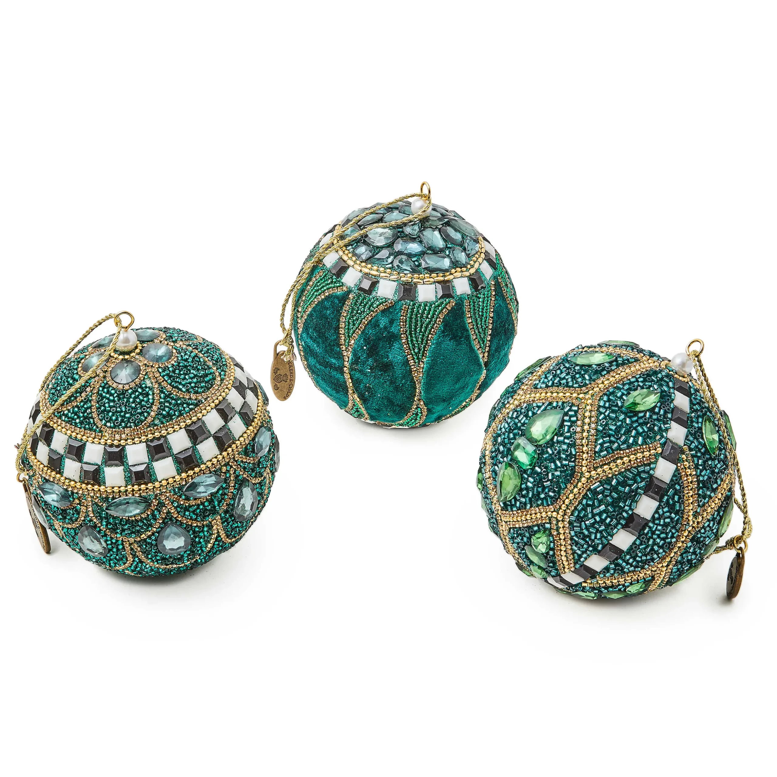 Holiday|MacKenzie-Childs Emerald Luxe Beaded Ball Ornaments, Set of 3