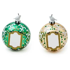 Holiday|MacKenzie-Childs Emerald Luxe Mirror Glass Ball Ornaments, Set of 2