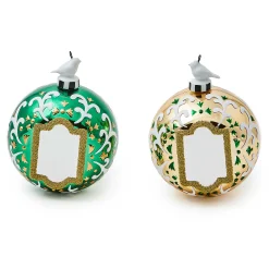 Holiday|MacKenzie-Childs Emerald Luxe Mirror Glass Ball Ornaments, Set of 2