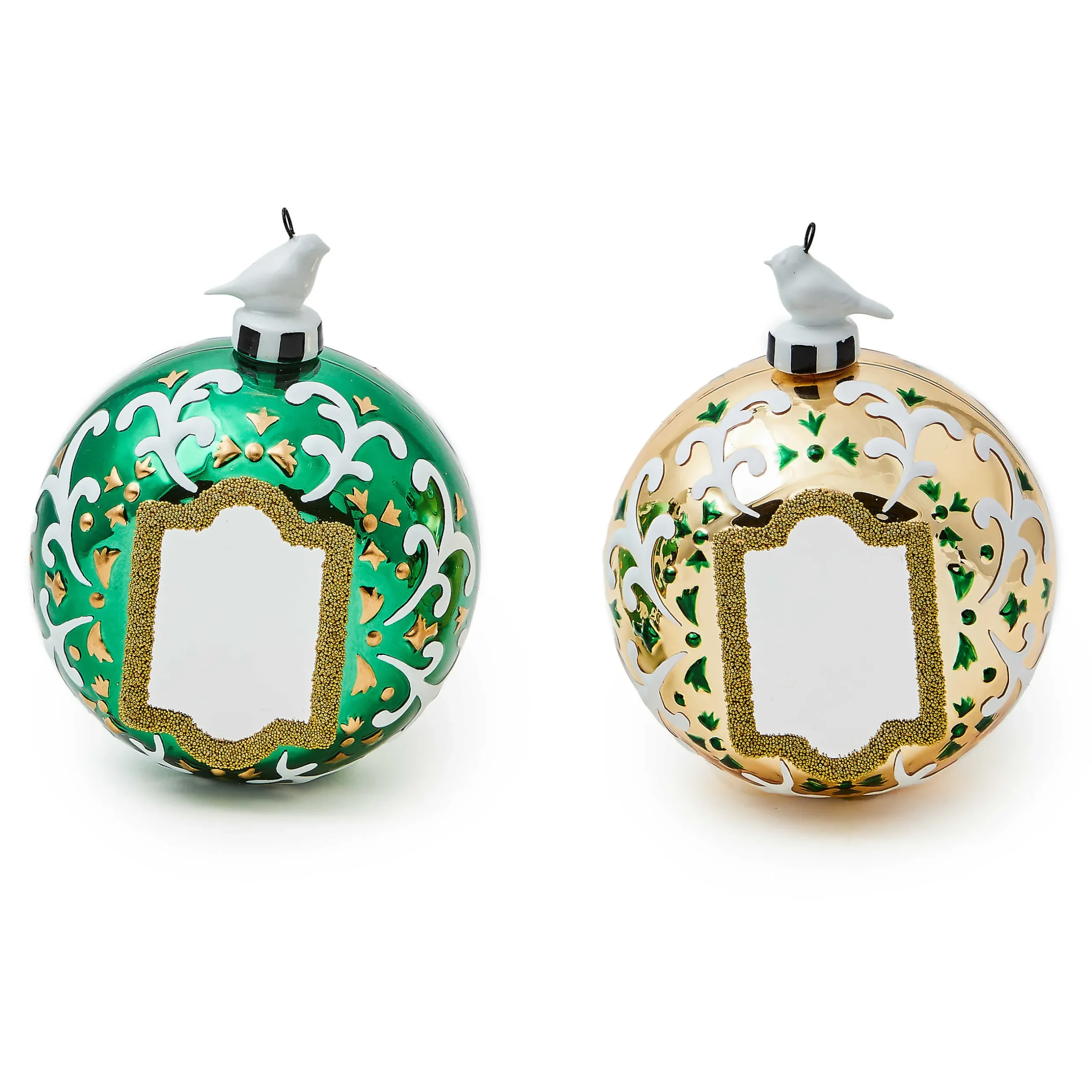 Holiday|MacKenzie-Childs Emerald Luxe Mirror Glass Ball Ornaments, Set of 2