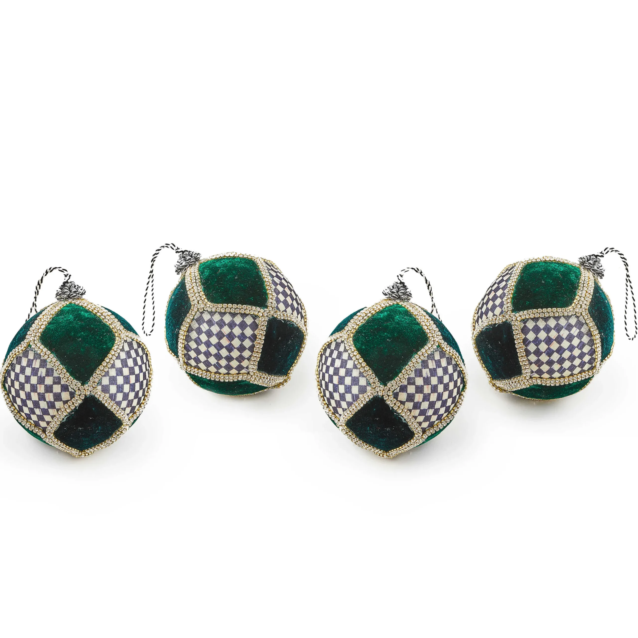 Holiday|MacKenzie-Childs Emerald Luxe Patchwork Ball Ornaments, Set of 4
