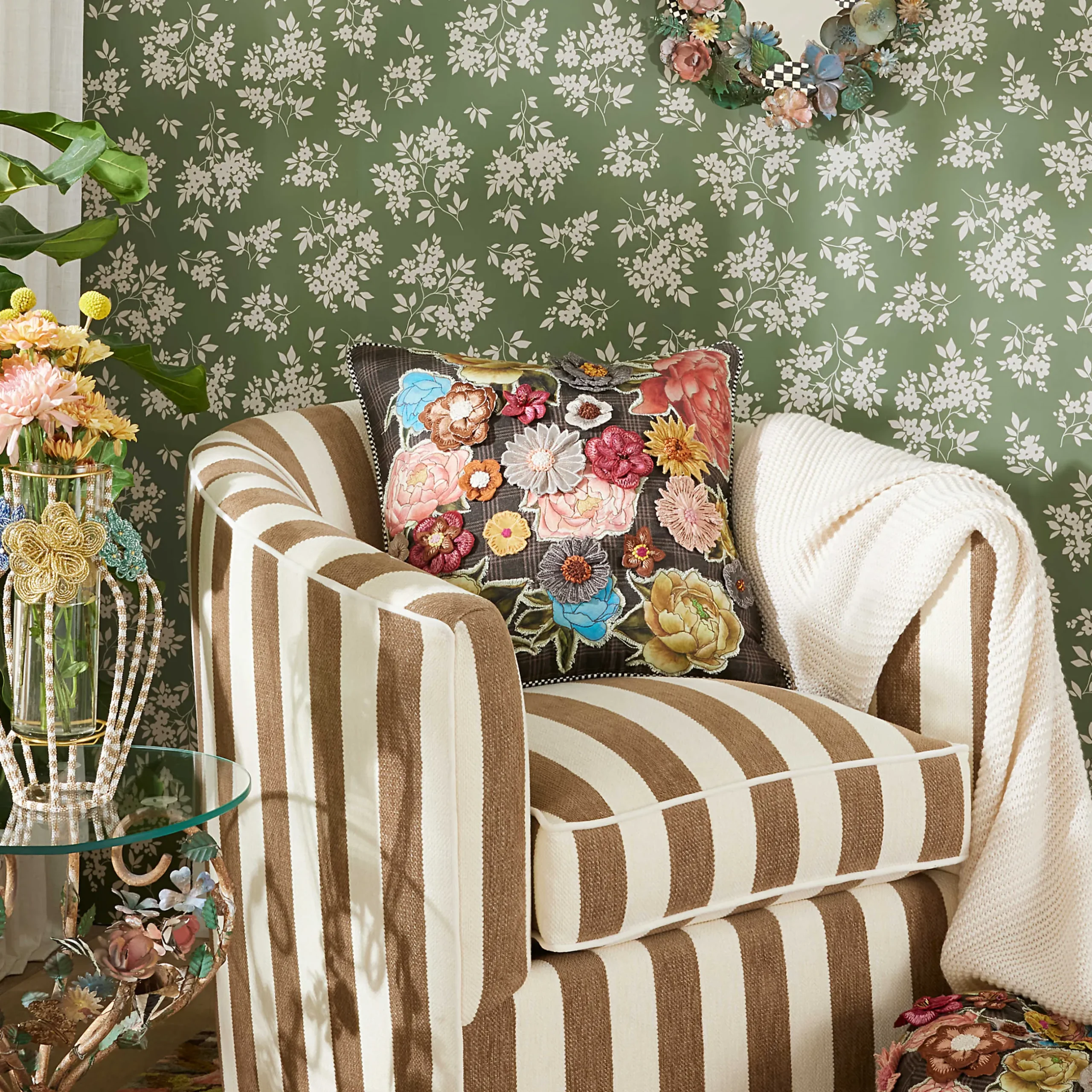 Pillows, Throws, & Cushions|MacKenzie-Childs Field Study Embroidered Floral Throw Pillow