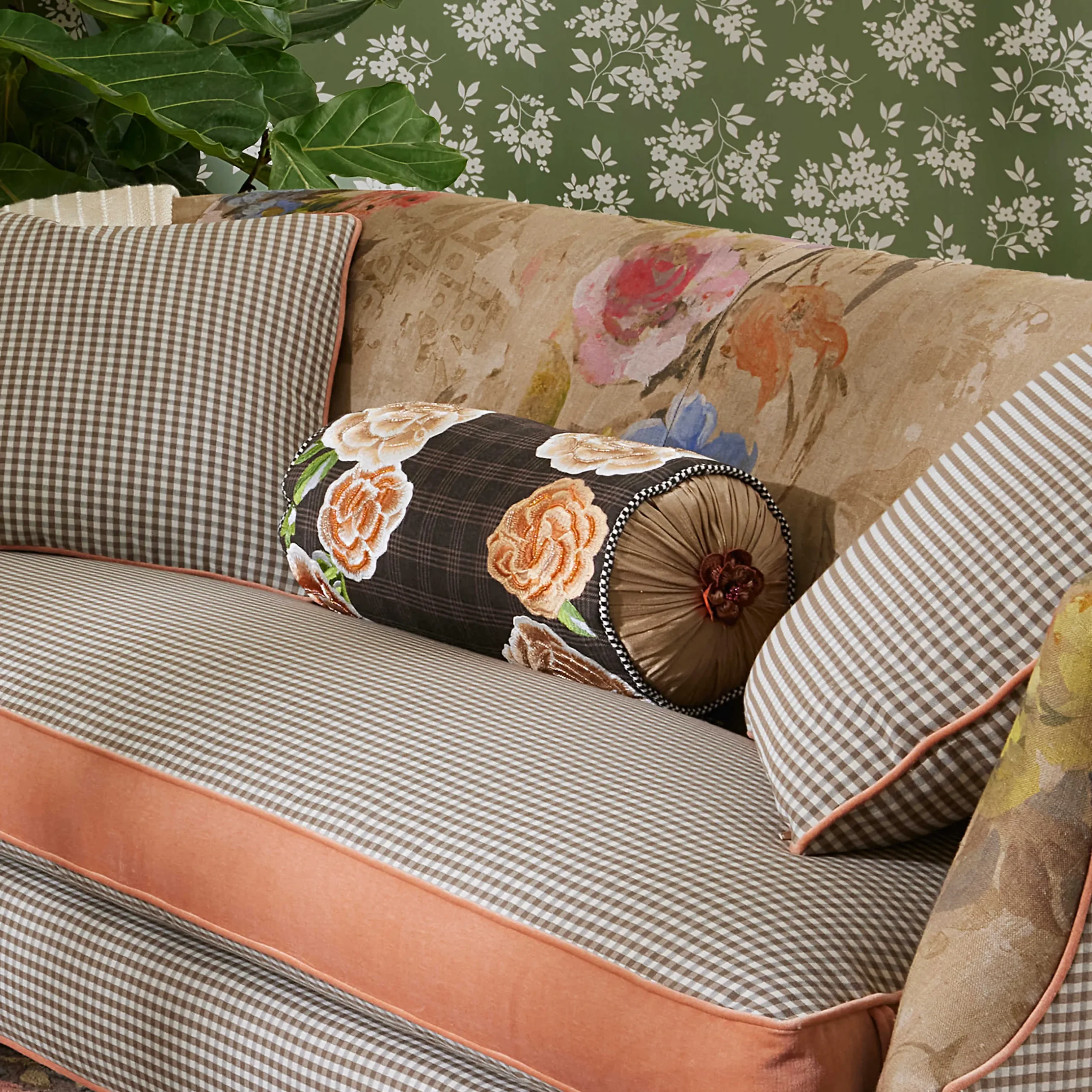 Pillows, Throws, & Cushions|MacKenzie-Childs Field Study Floral Beaded Bolster
