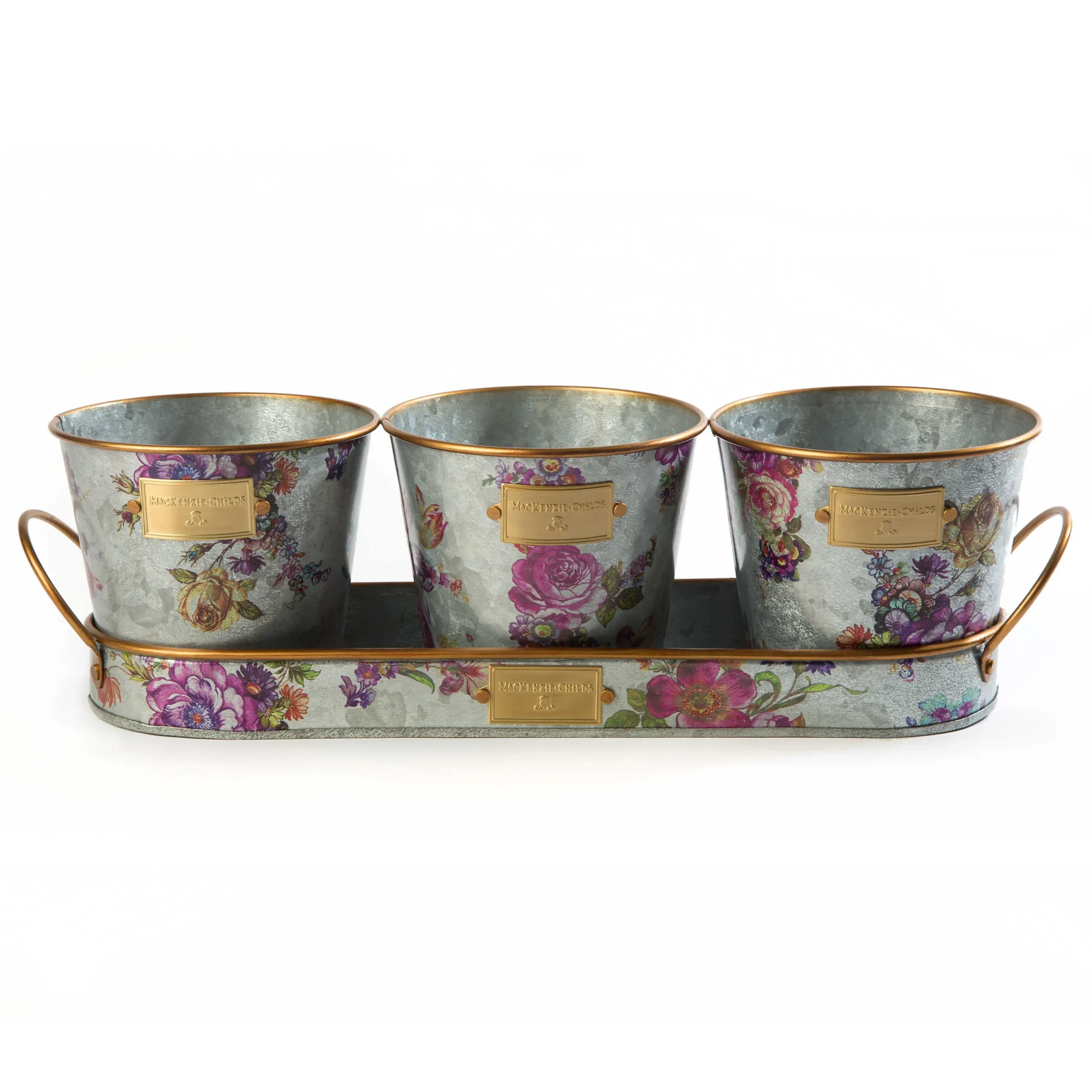 Spring|Outdoor|MacKenzie-Childs Flower Market Galvanized Herb Pots with Tray, Set of 3